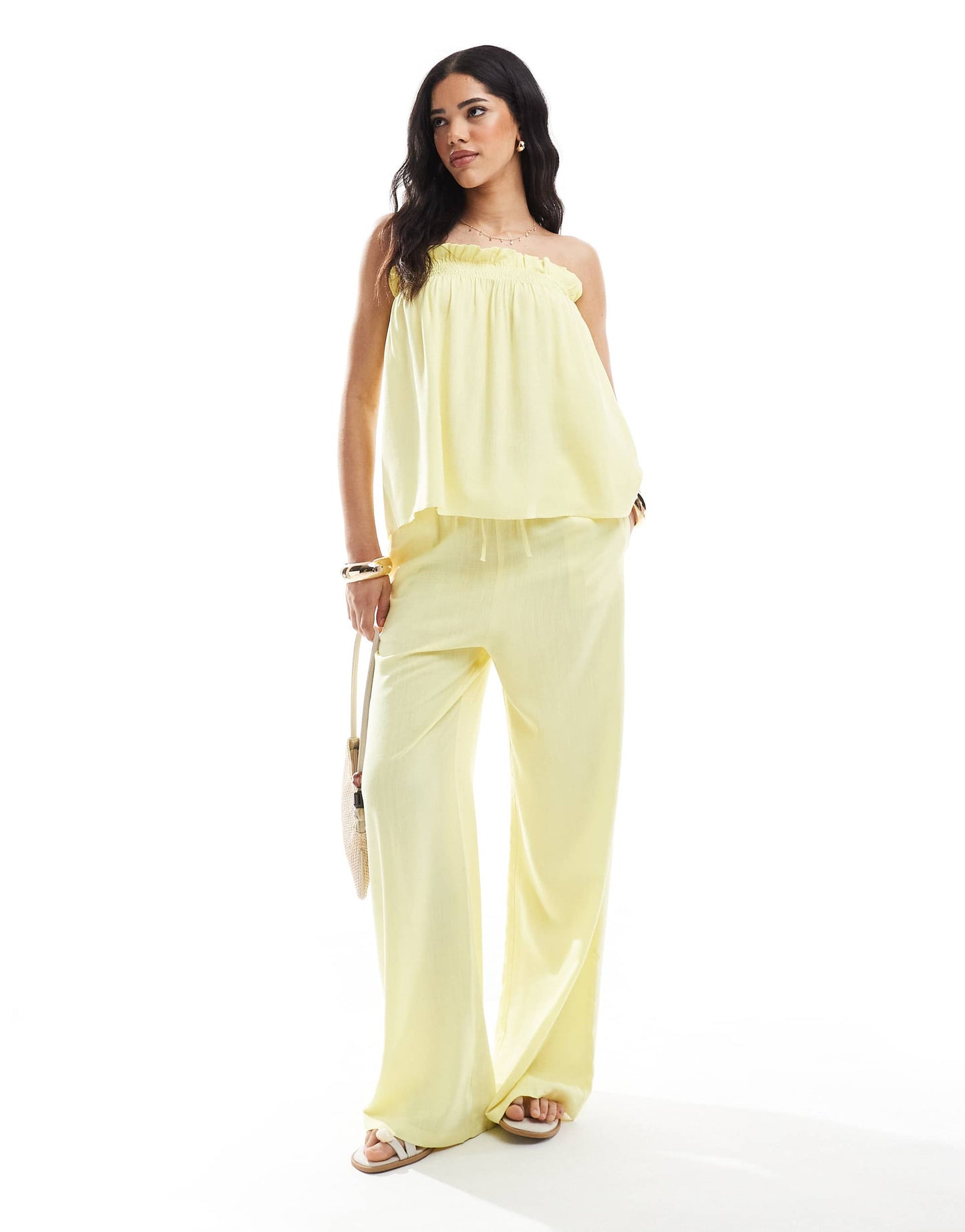 ASOS DESIGN linen look ruffle bandeau co-ord top in buttermilk