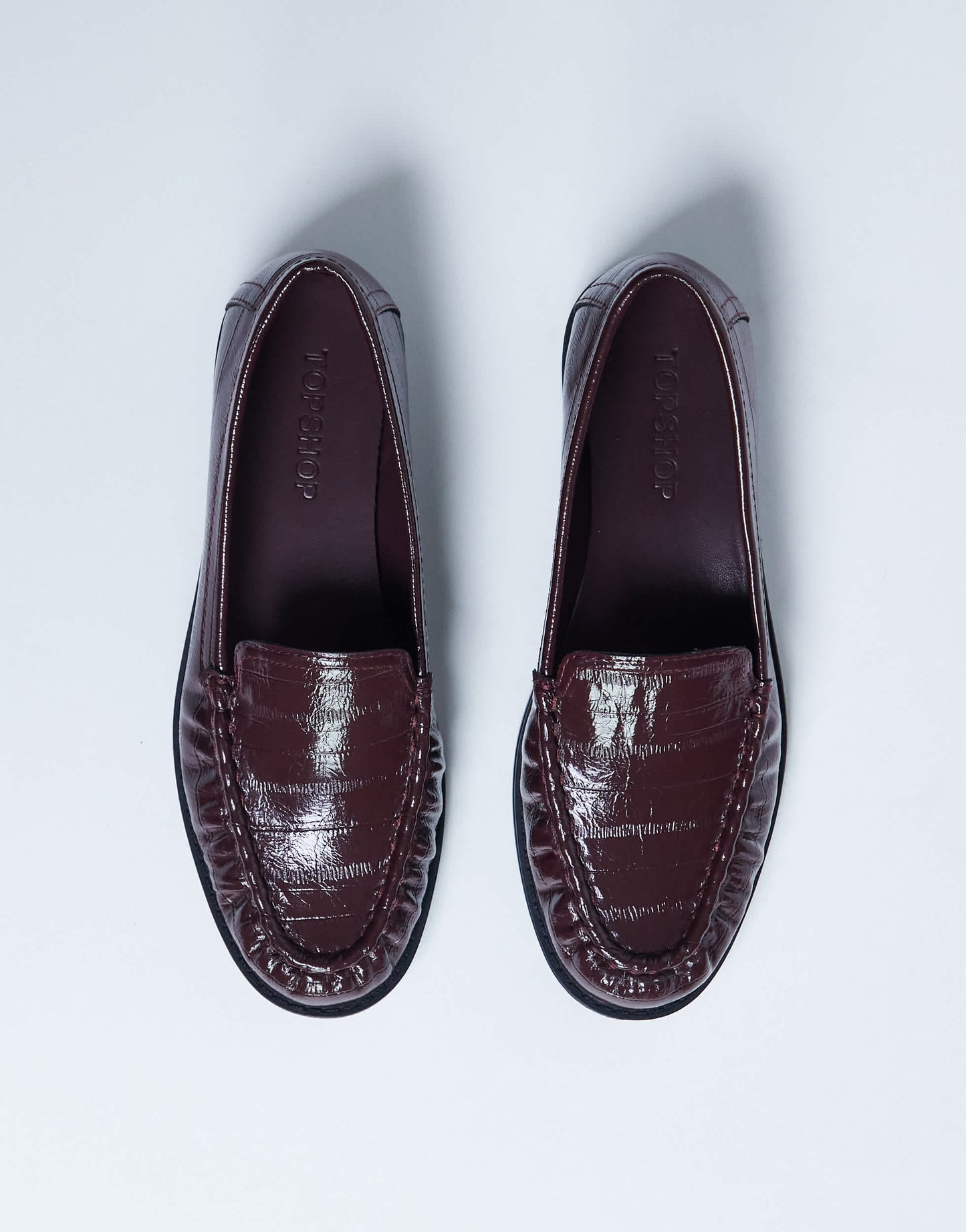 Topshop Coby ruched toe croc loafer in burgundy