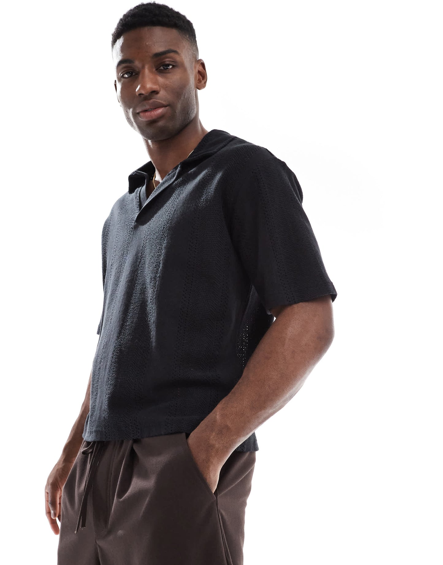 Pull&Bear knitted self stripe polo in black