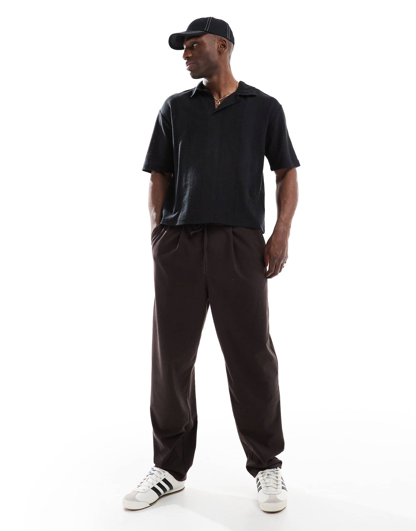 Pull&Bear knitted self stripe polo in black