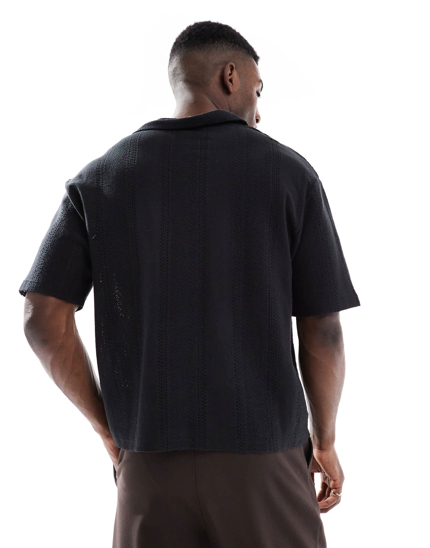 Pull&Bear knitted self stripe polo in black