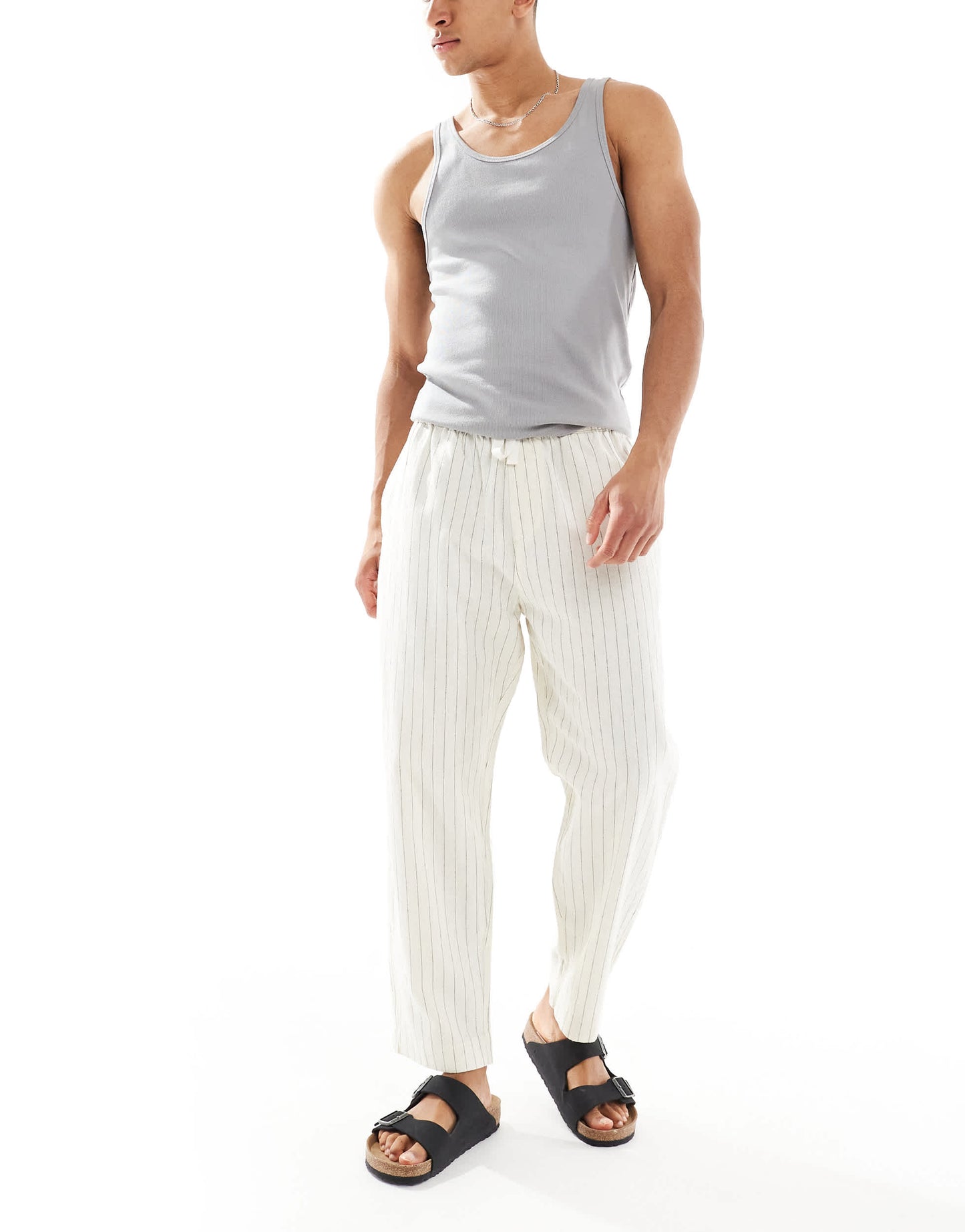 Pull&Bear linen blend striped trousers in ecru