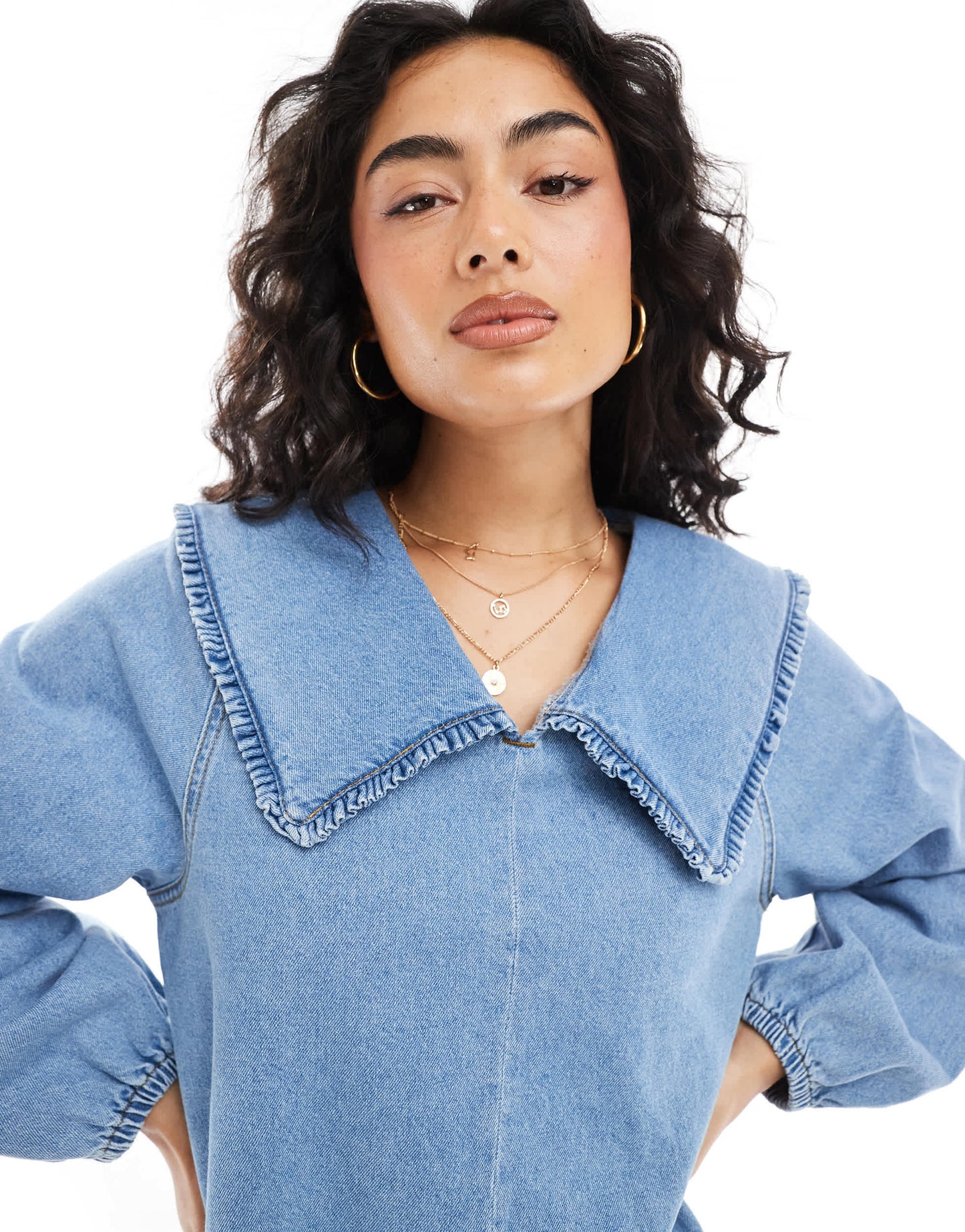 ASOS DESIGN denim mini dress with oversized ruffle collar in mid blue