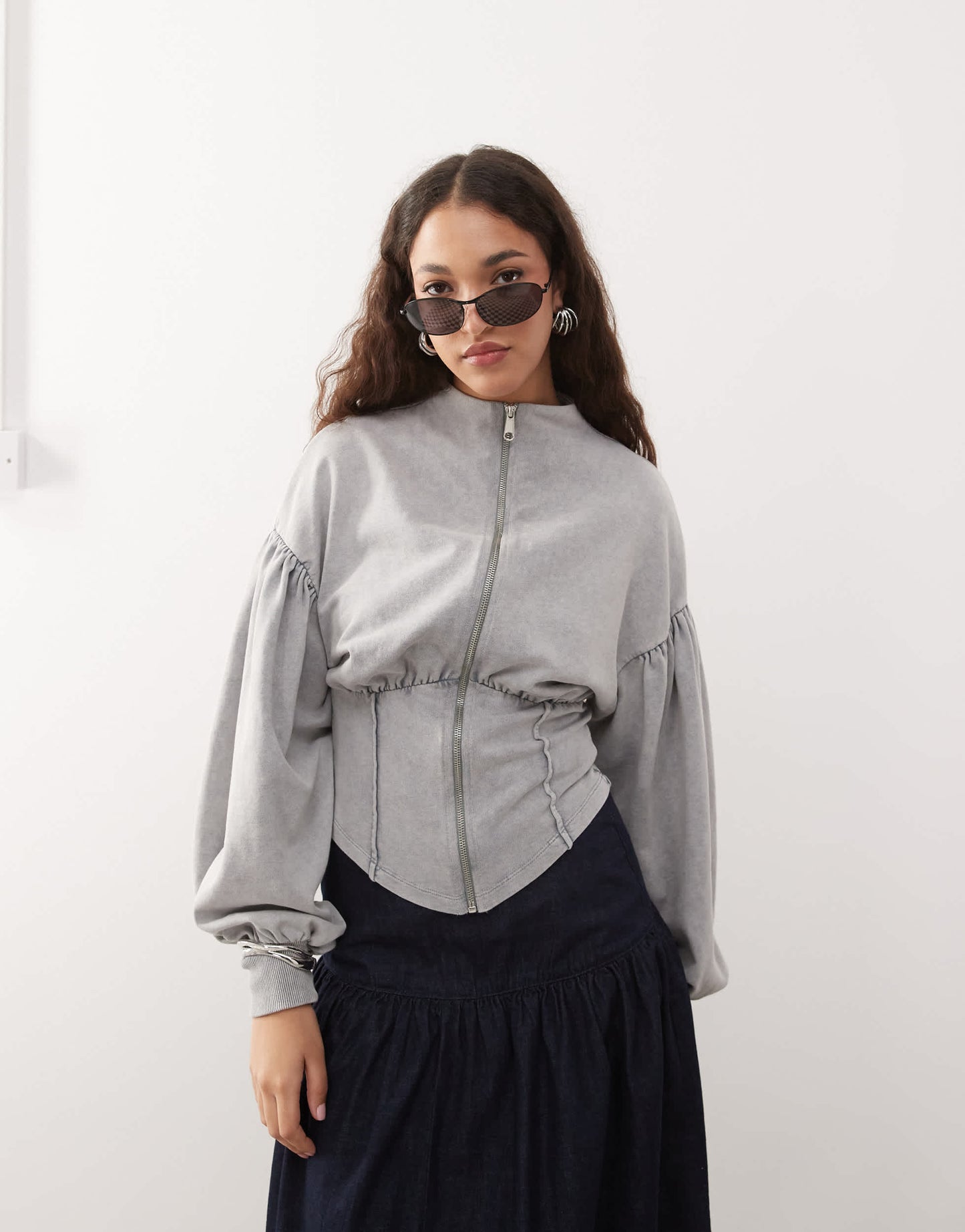 ASOS DESIGN funnel neck zip through corset acid wash hoodie in grey