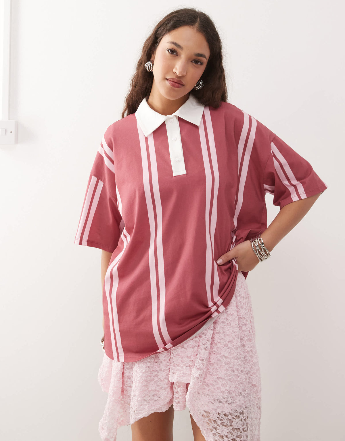 ASOS DESIGN oversized stripe rubgy top in raspberry