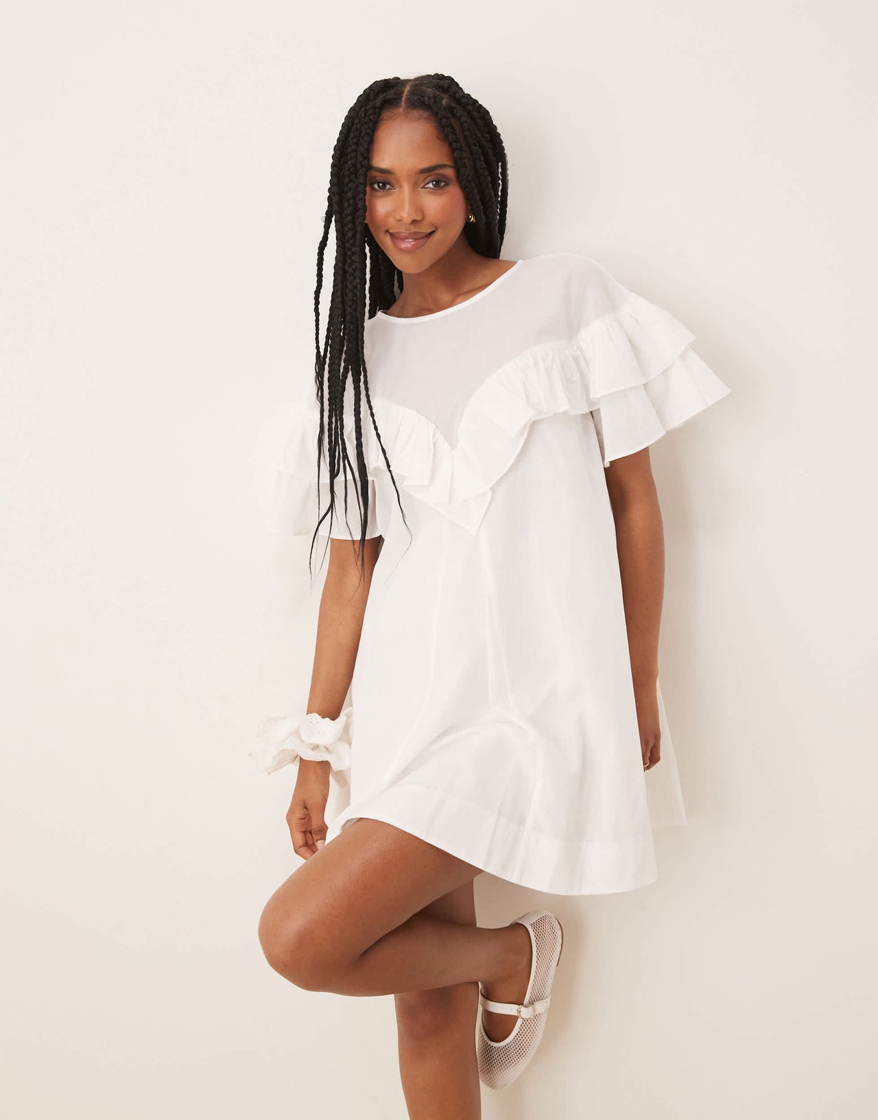 ASOS DESIGN ruffle short sleeve dress in white