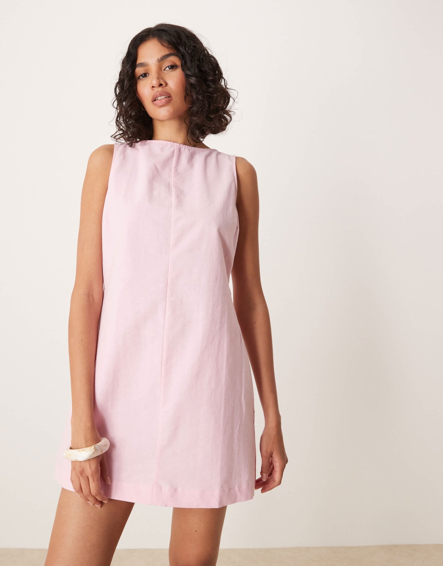 ASOS DESIGN slash neck cotton linen mini shift dress in pink