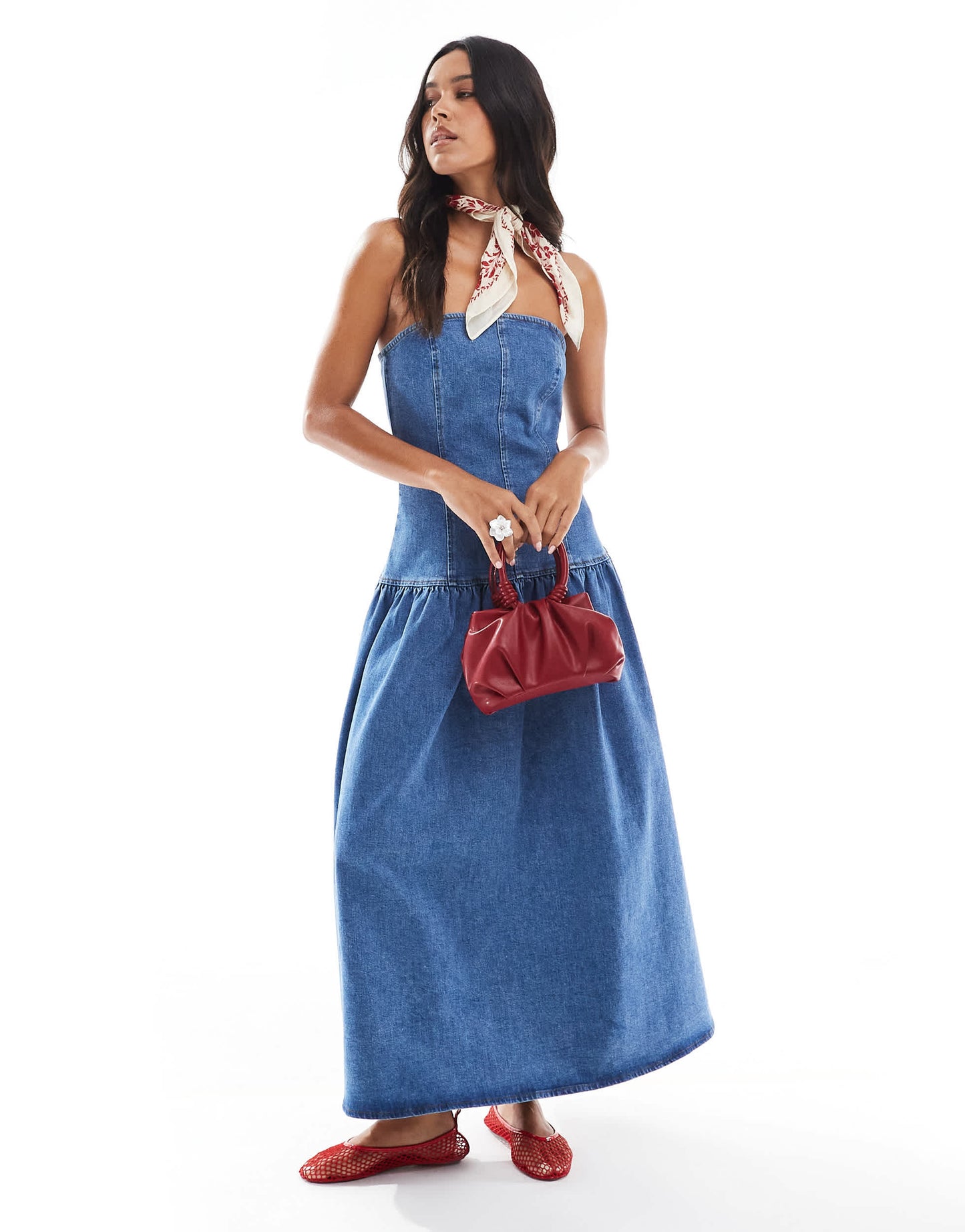 ASOS DESIGN cinch waist bandeau denim midi dress with dropped waist in mid blue