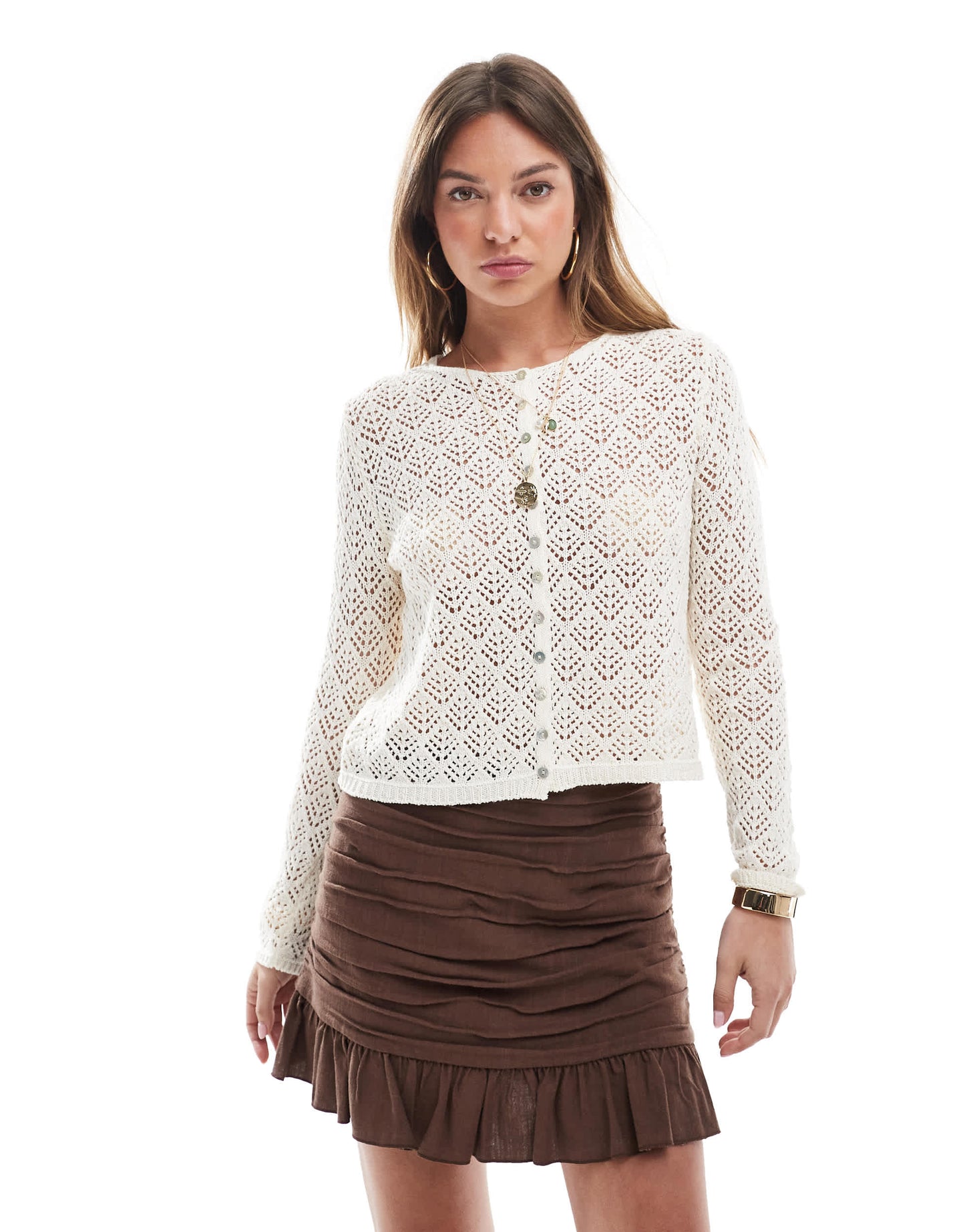 Stradivarius long sleeve fine knitted cardigan in beige