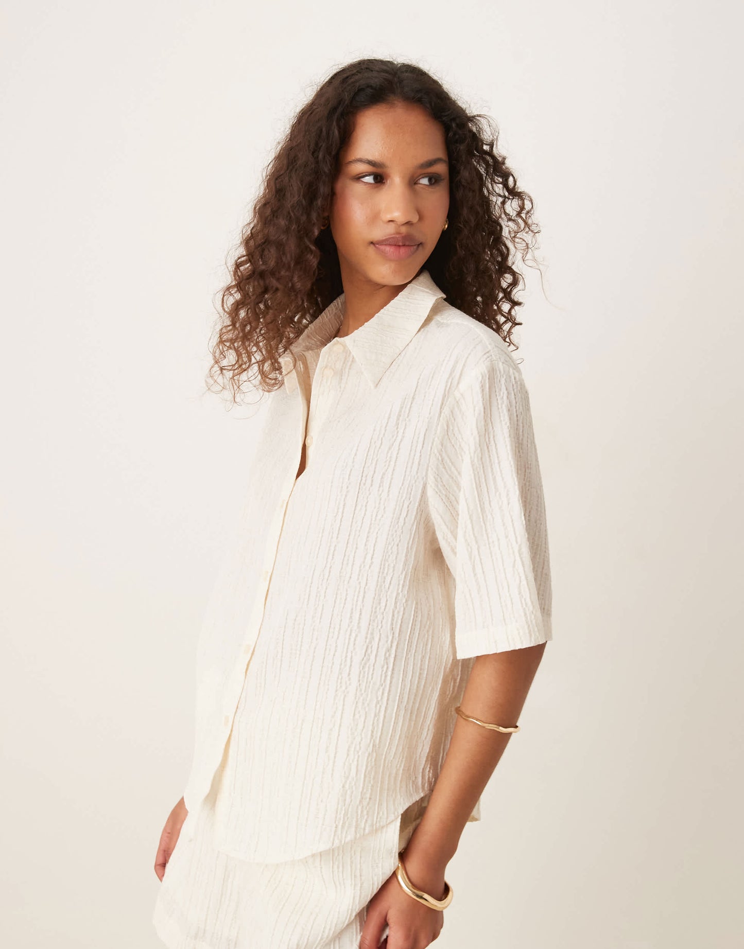AWARE textured relaxed shirt co-ord in white