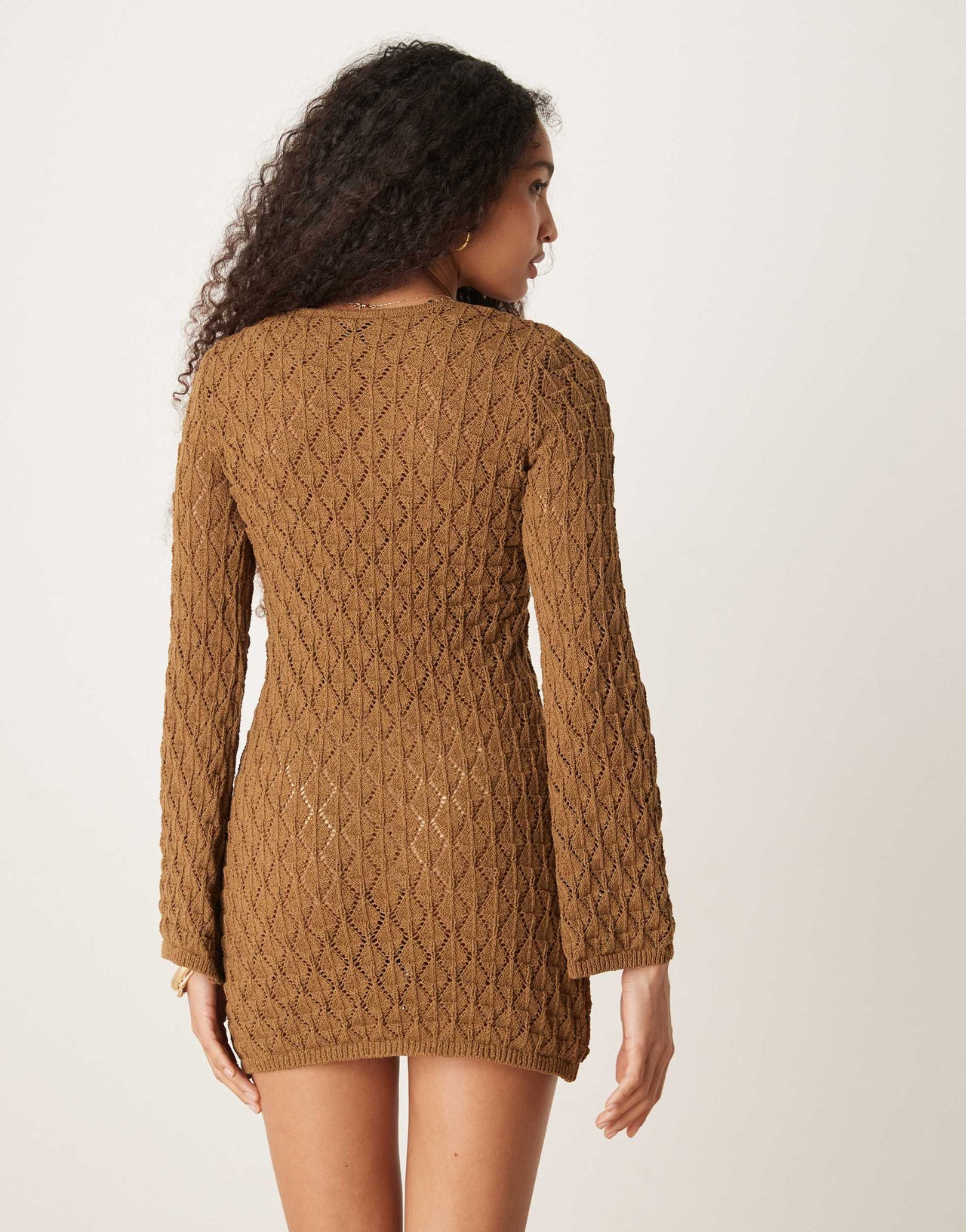 AWARE crochet knit mini dress with wide sleeves in brown