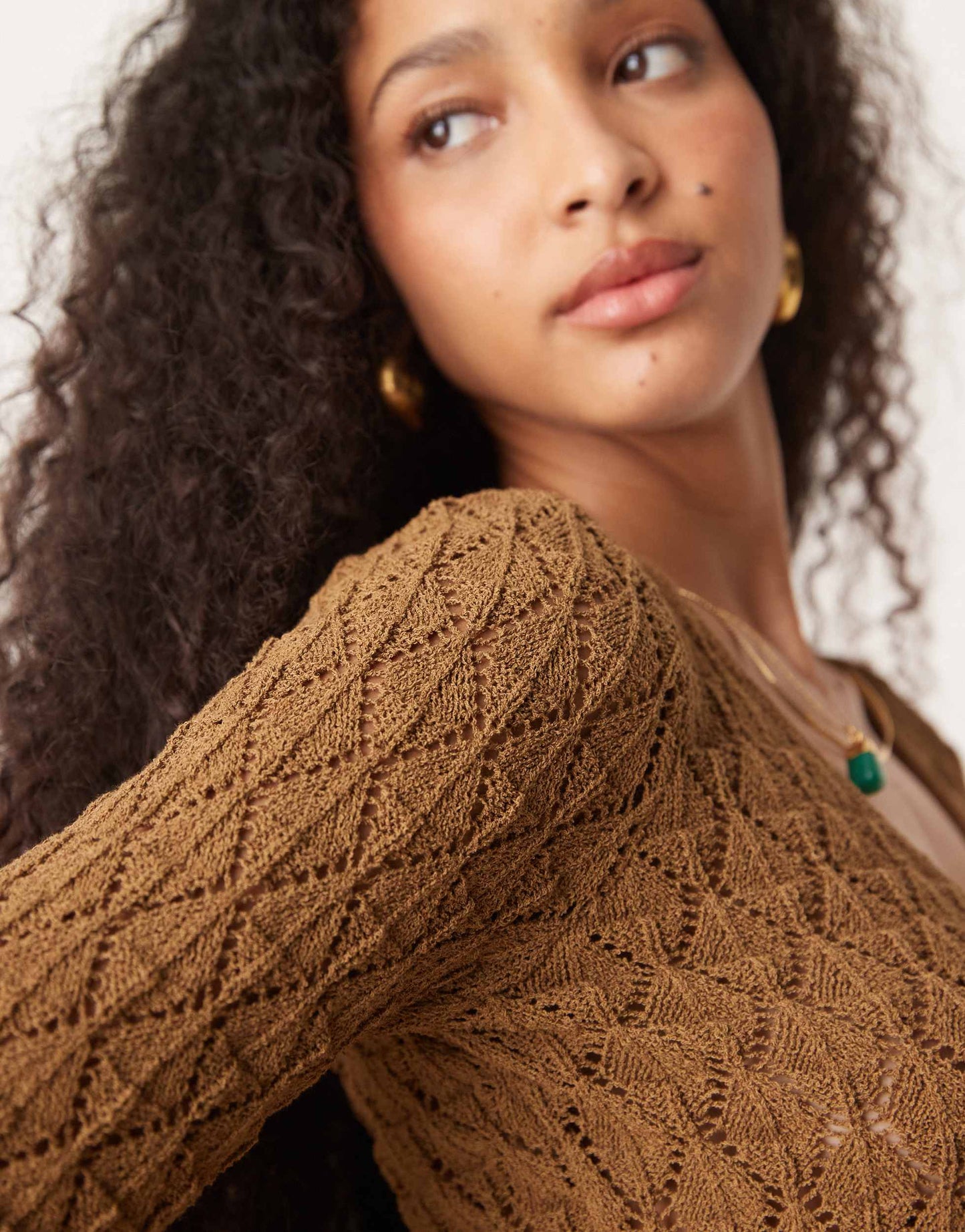 AWARE crochet knit mini dress with wide sleeves in brown