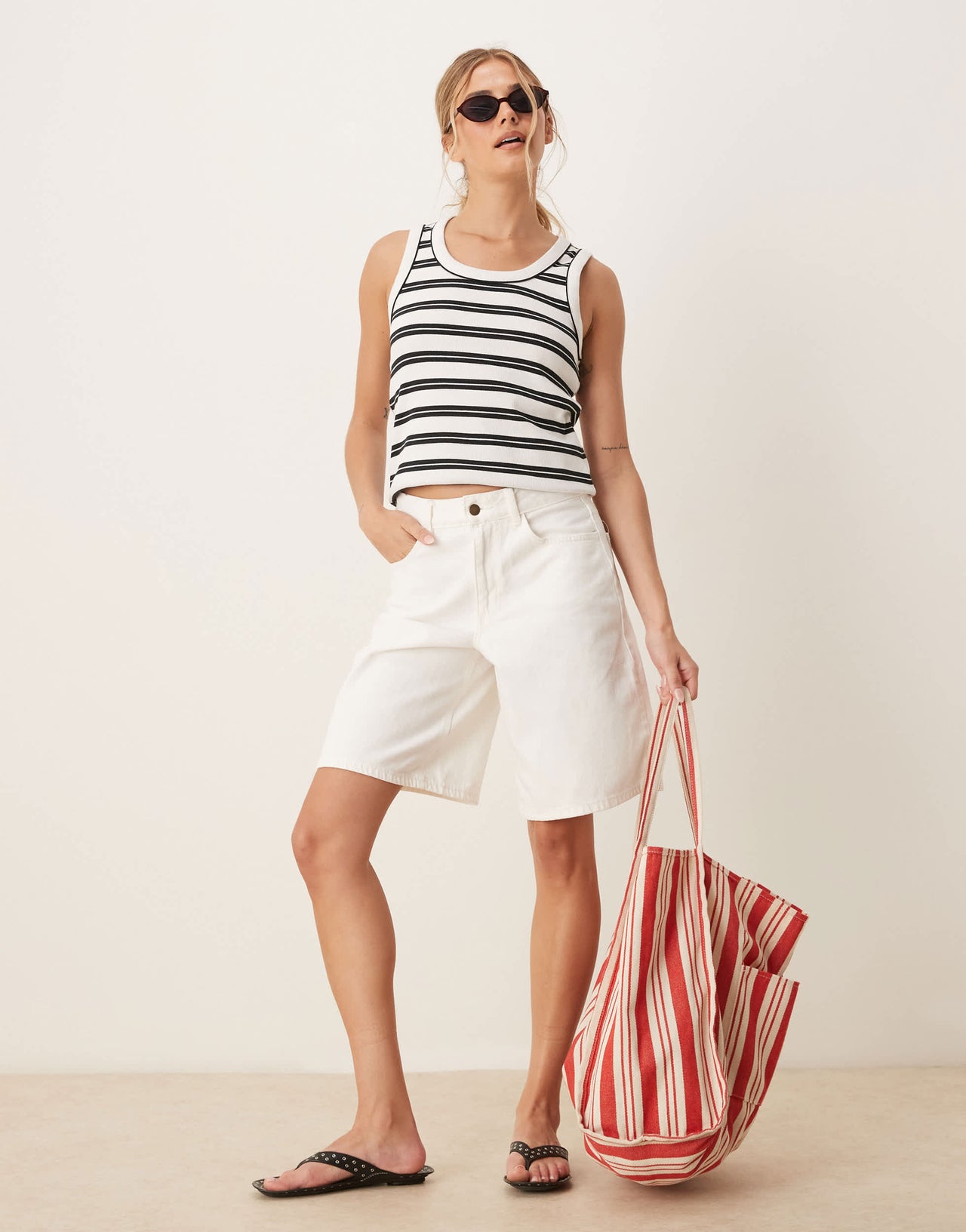 AWARE ribbed knit tank top in black and white stripe