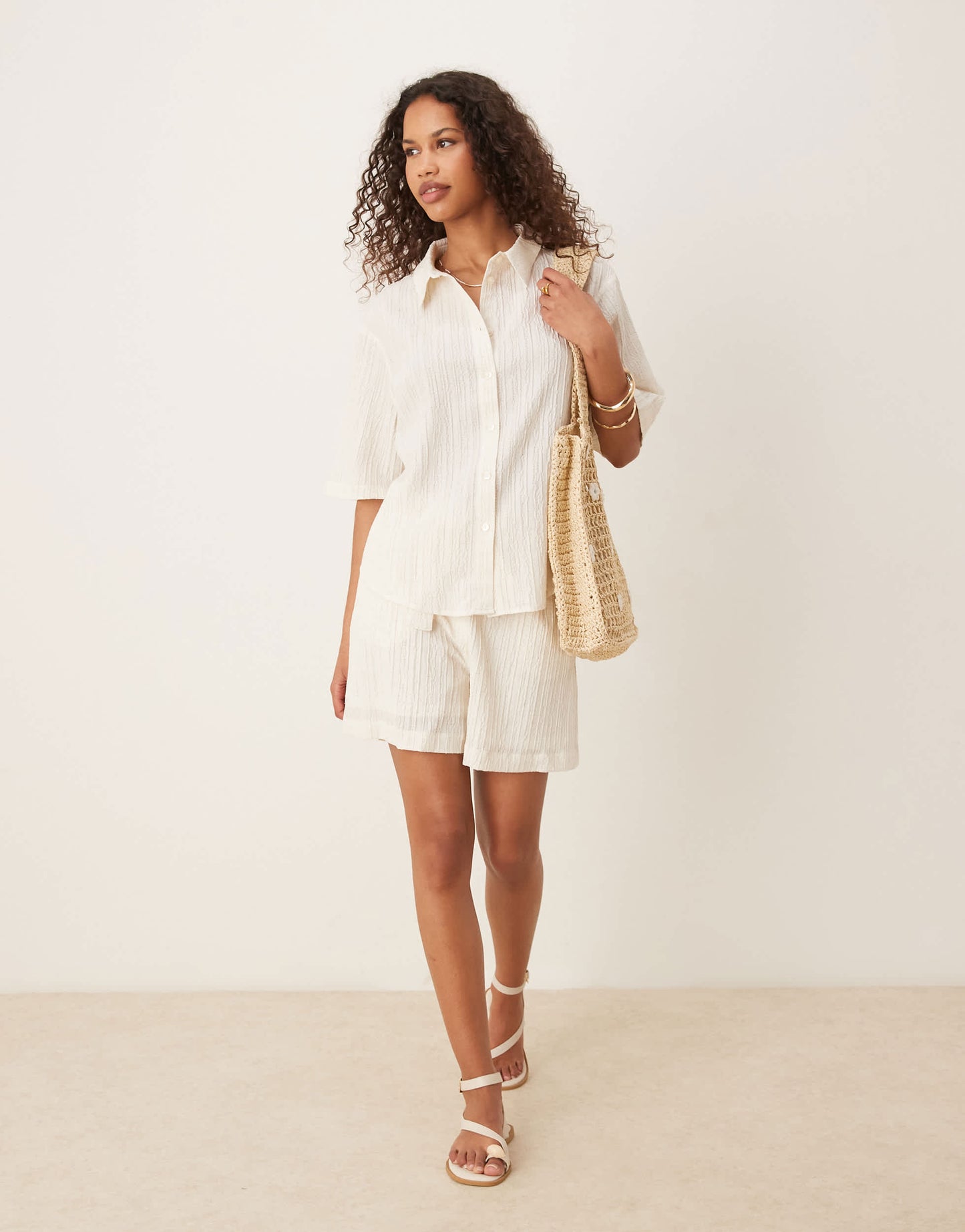 AWARE textured relaxed short co-ord in white