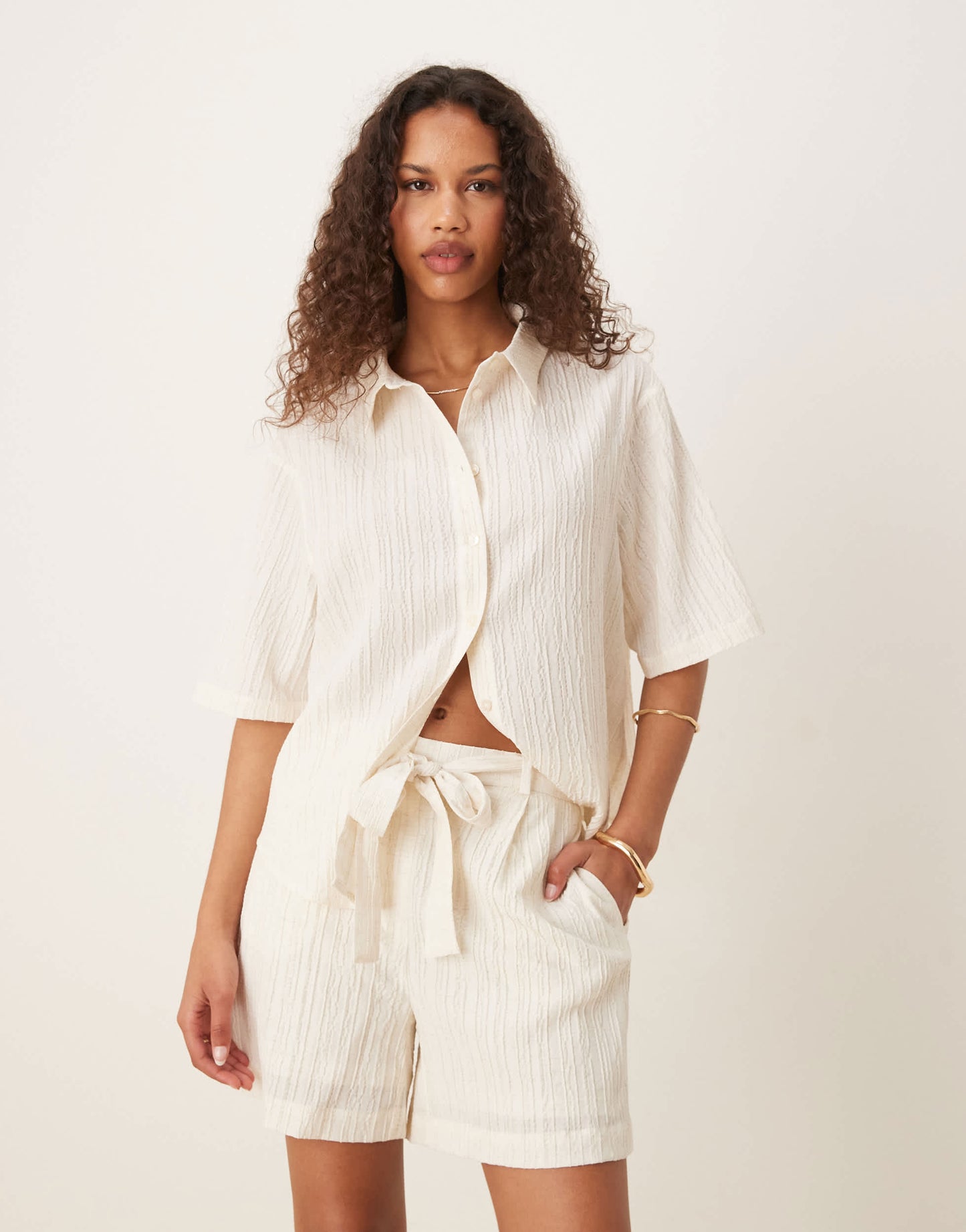 AWARE textured relaxed short co-ord in white
