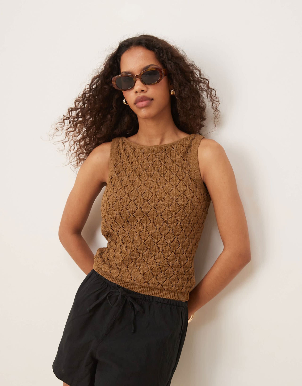 AWARE crochet knit tank top in brown