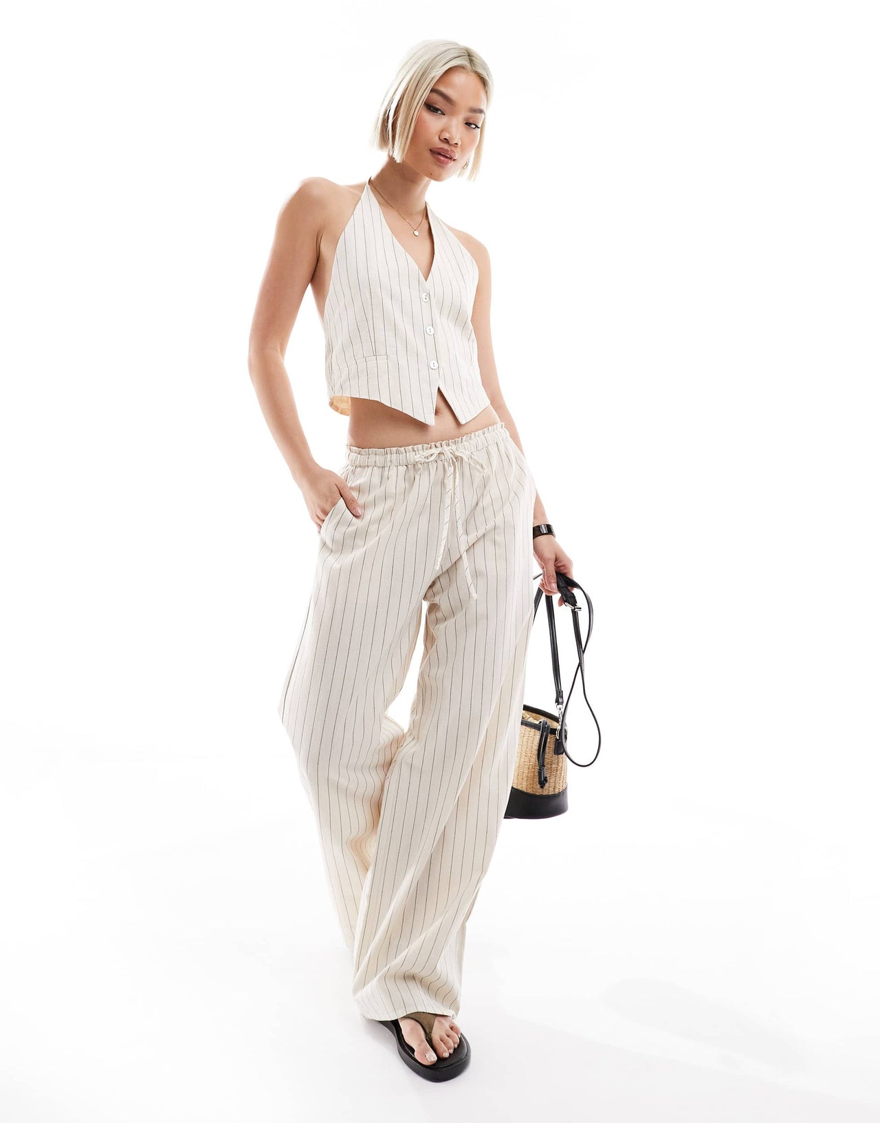 Pull&Bear rustic halterneck waistcoat co-ord in ecru