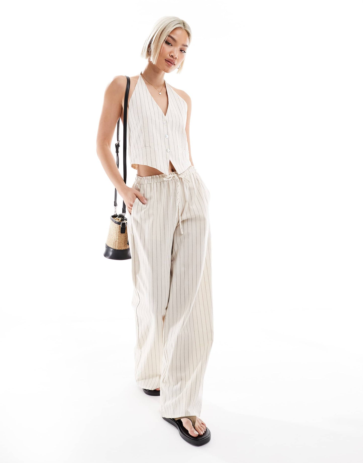 Pull&Bear rustic wide leg trouser co-ord in ecru