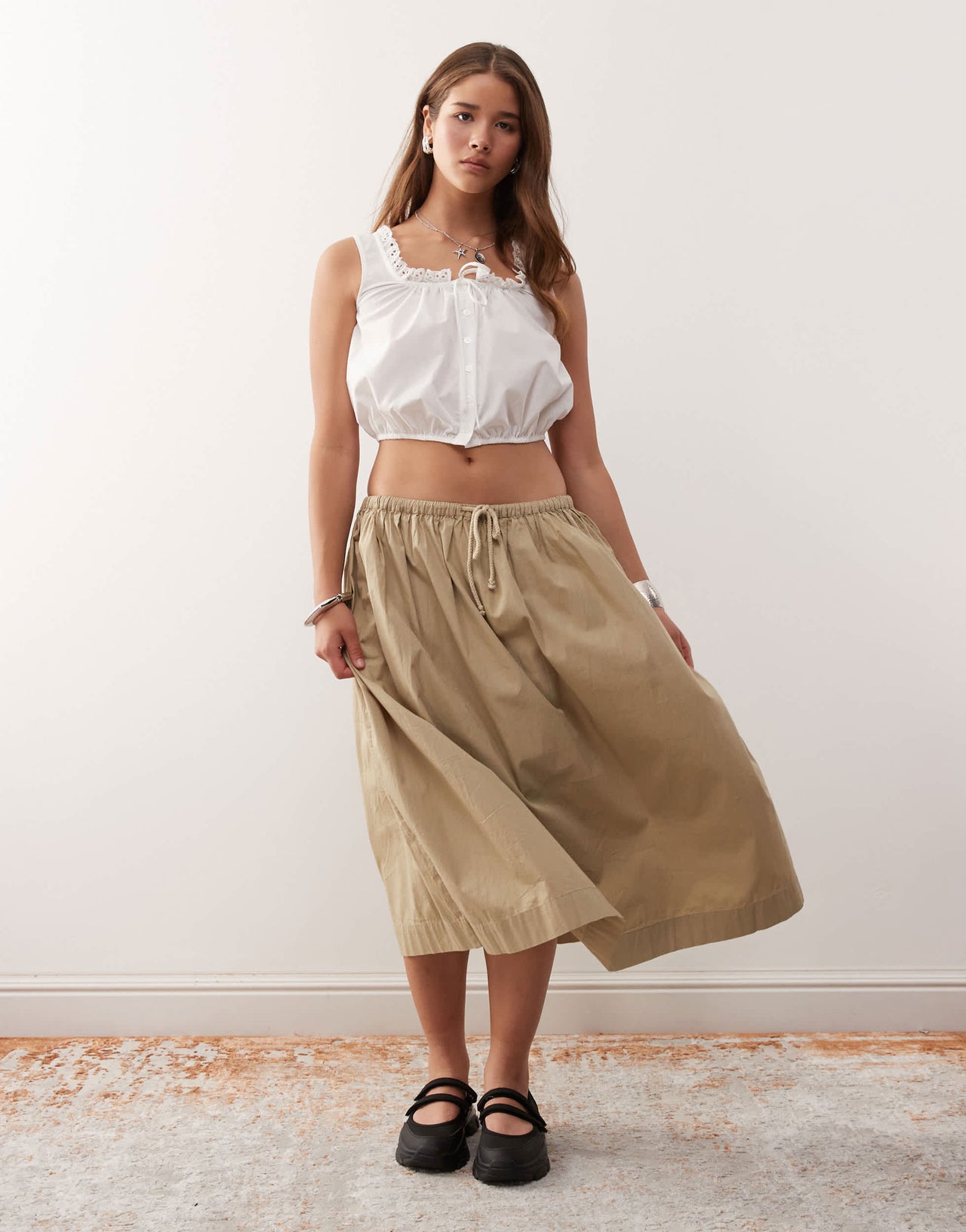 COLLUSION square neck top with scallop broderie trim in white