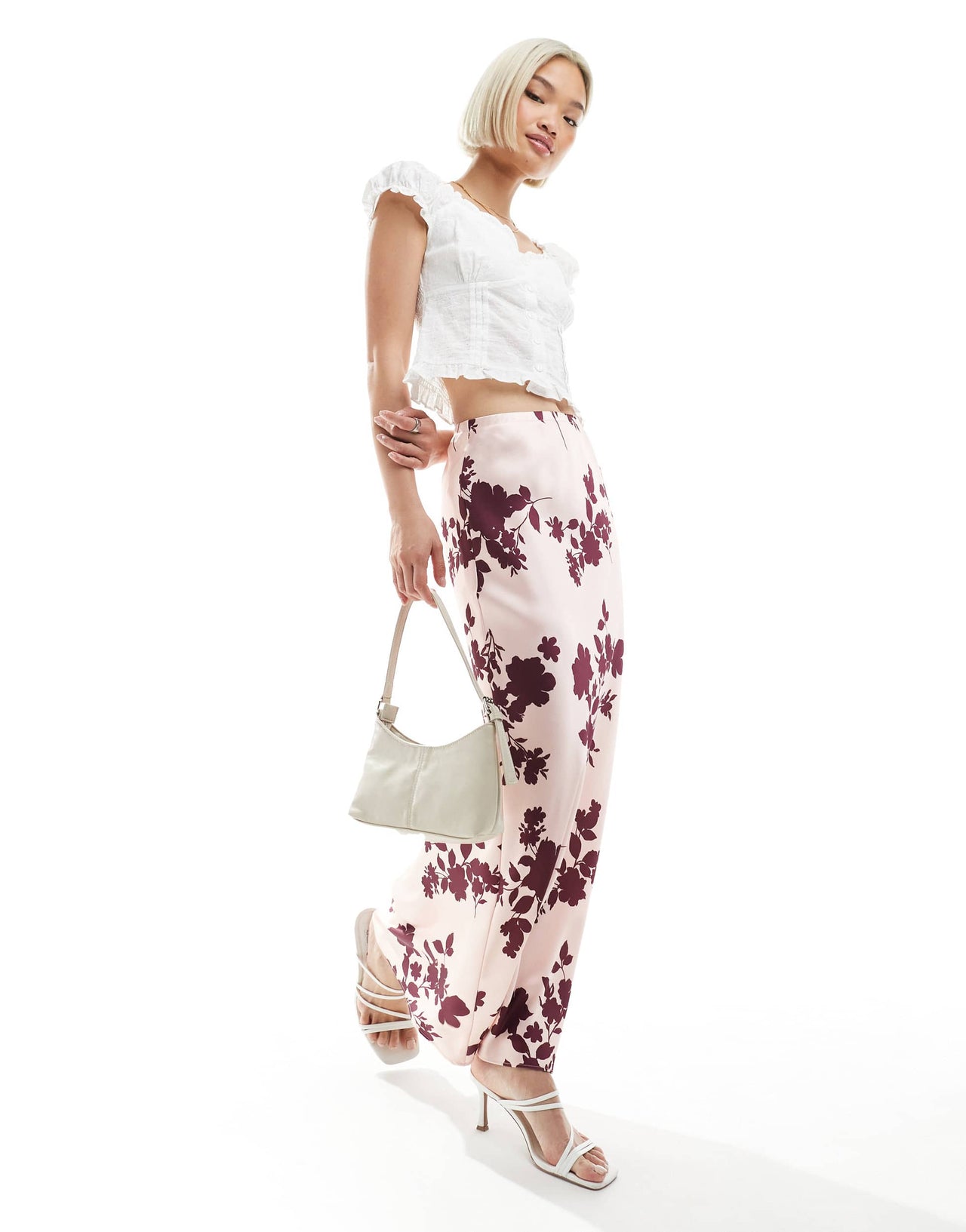 New Look floral satin midi skirt in pink