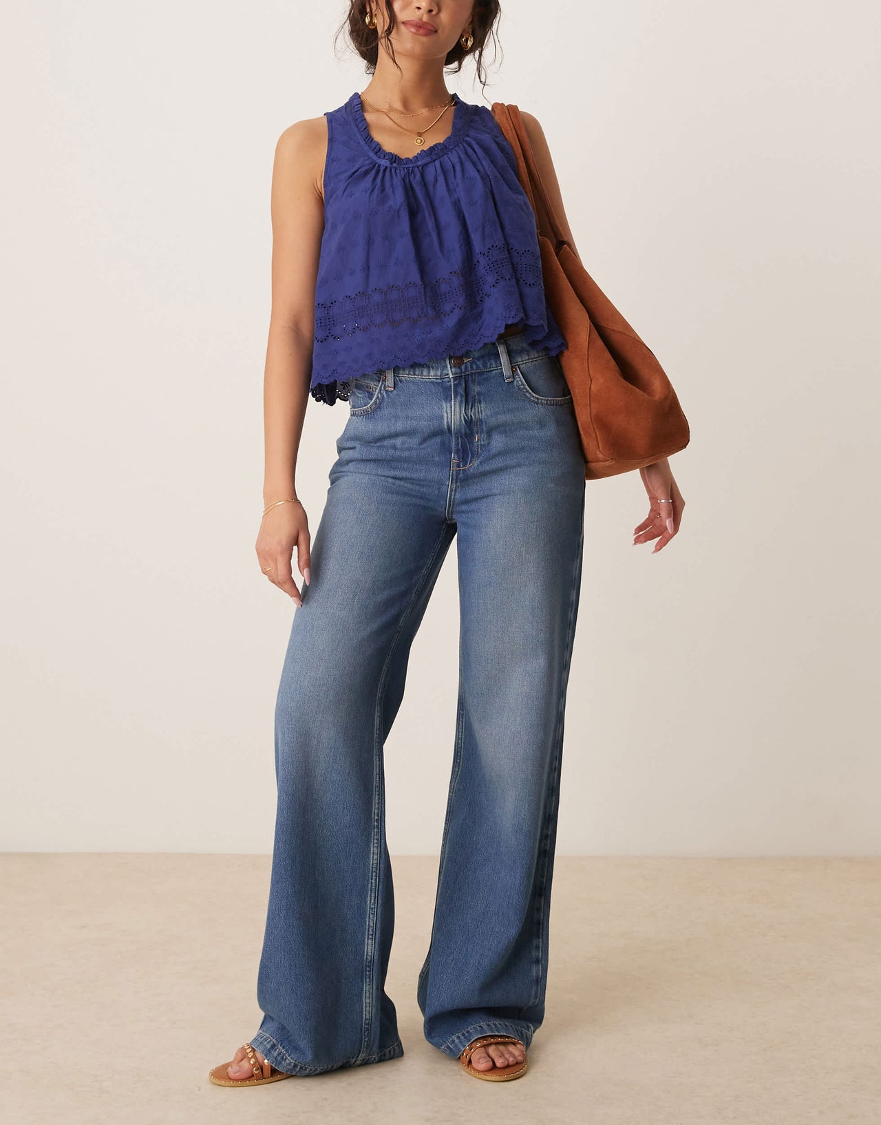Free People stride straight leg wide jeans in mid wash blue
