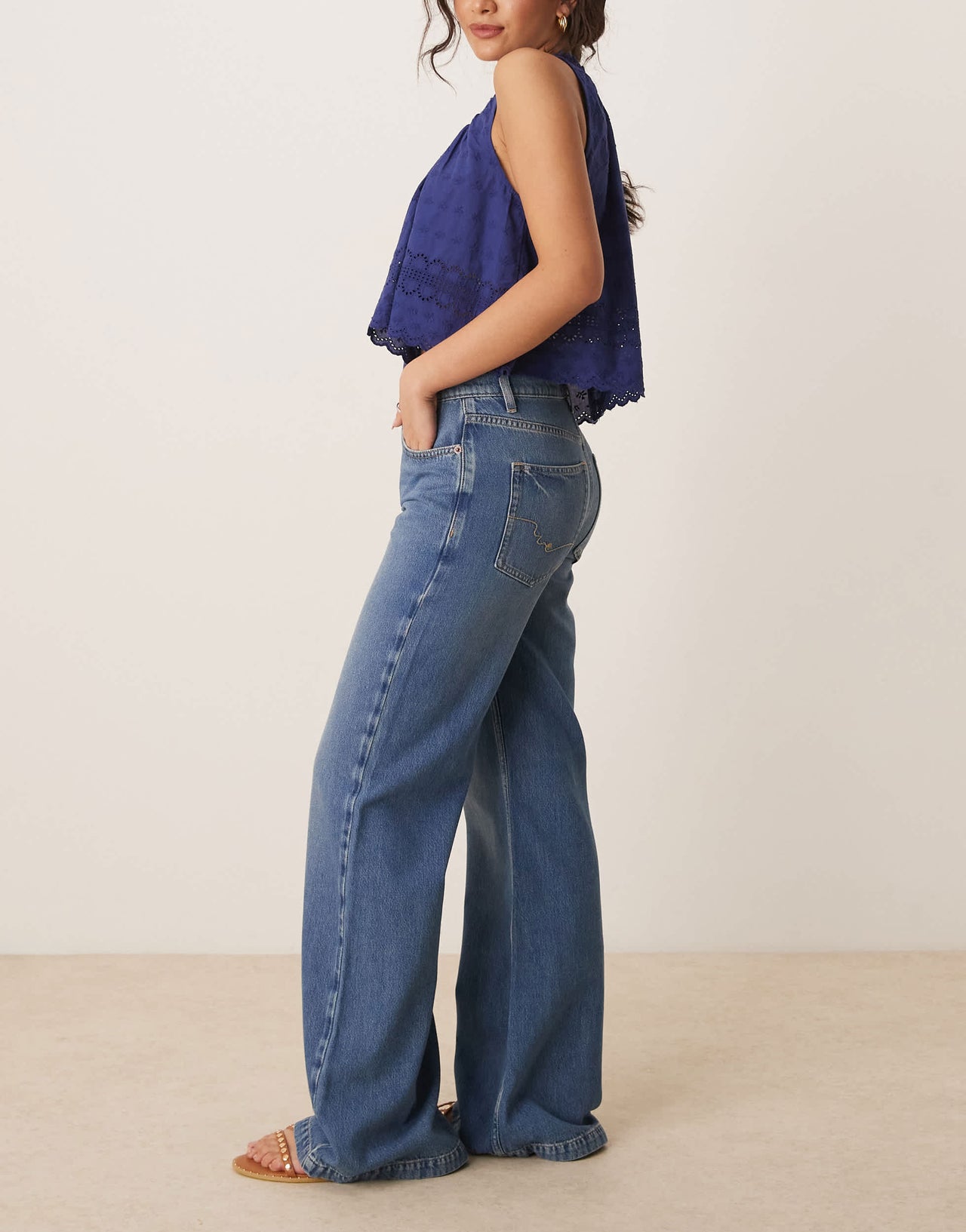Free People stride straight leg wide jeans in mid wash blue