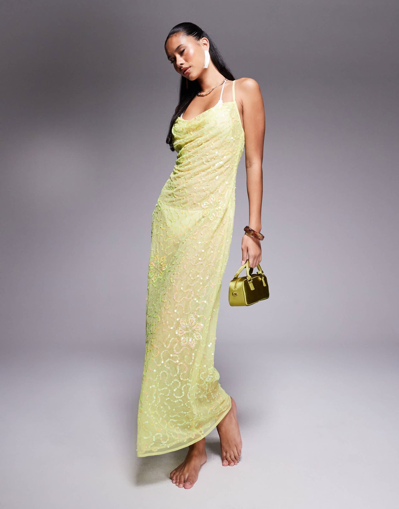 River Island sequin cowl neck maxi dress in lime