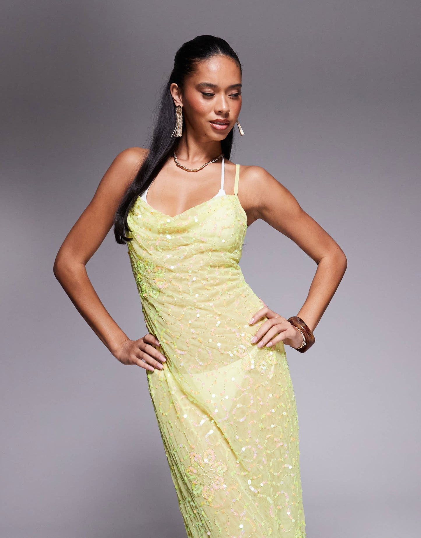 River Island sequin cowl neck maxi dress in lime