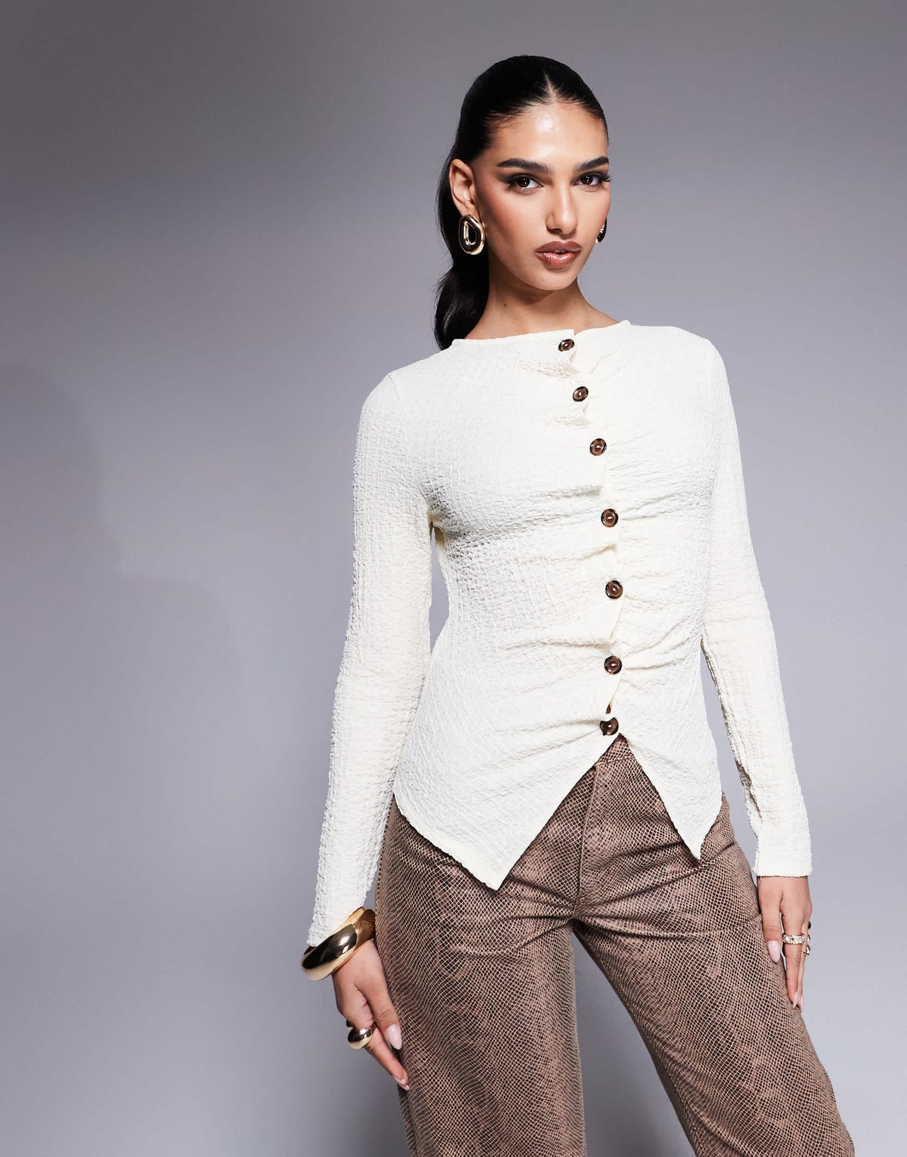 ASOS DESIGN textured button through long sleeve t-shirt in cream