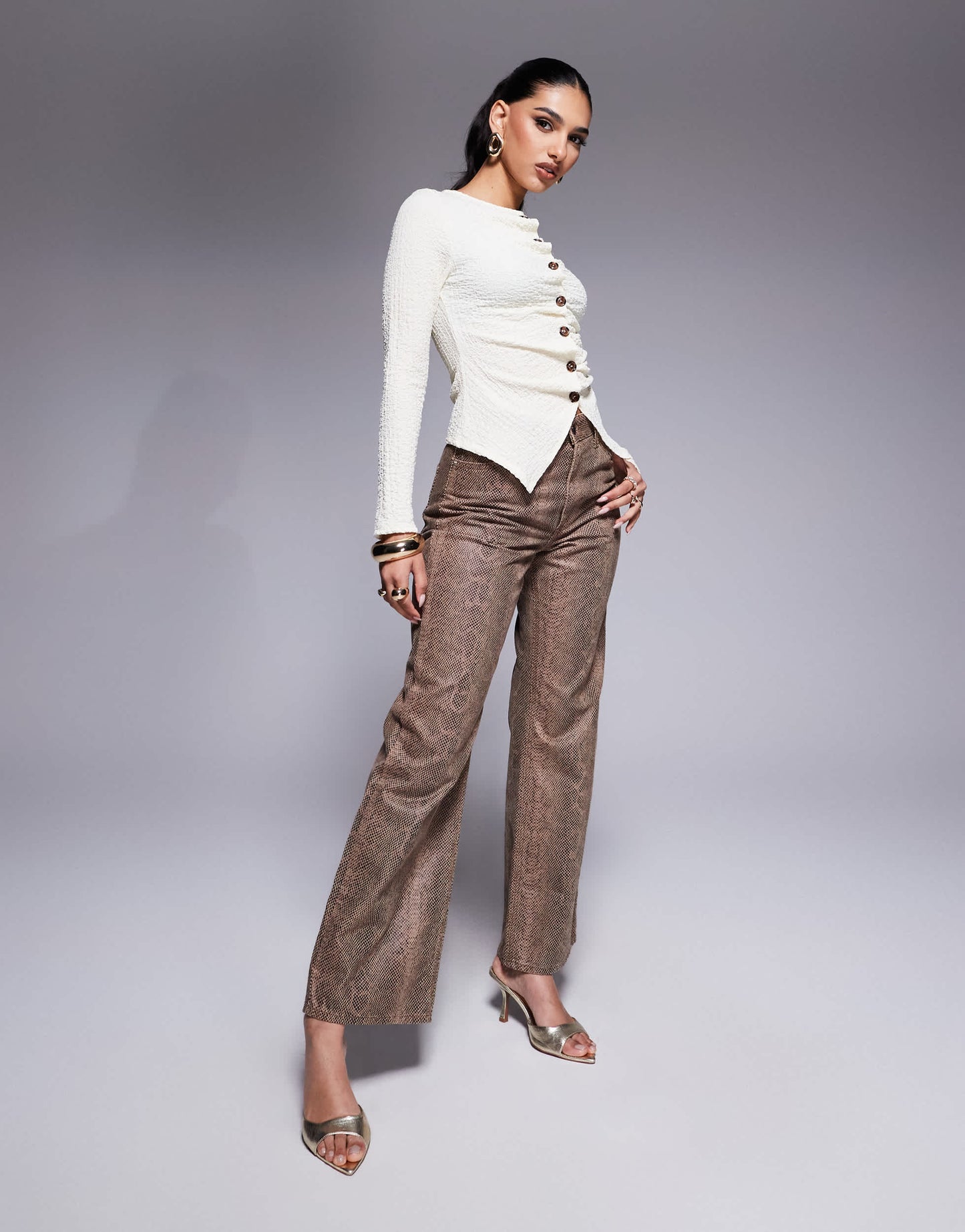 ASOS DESIGN textured button through long sleeve t-shirt in cream