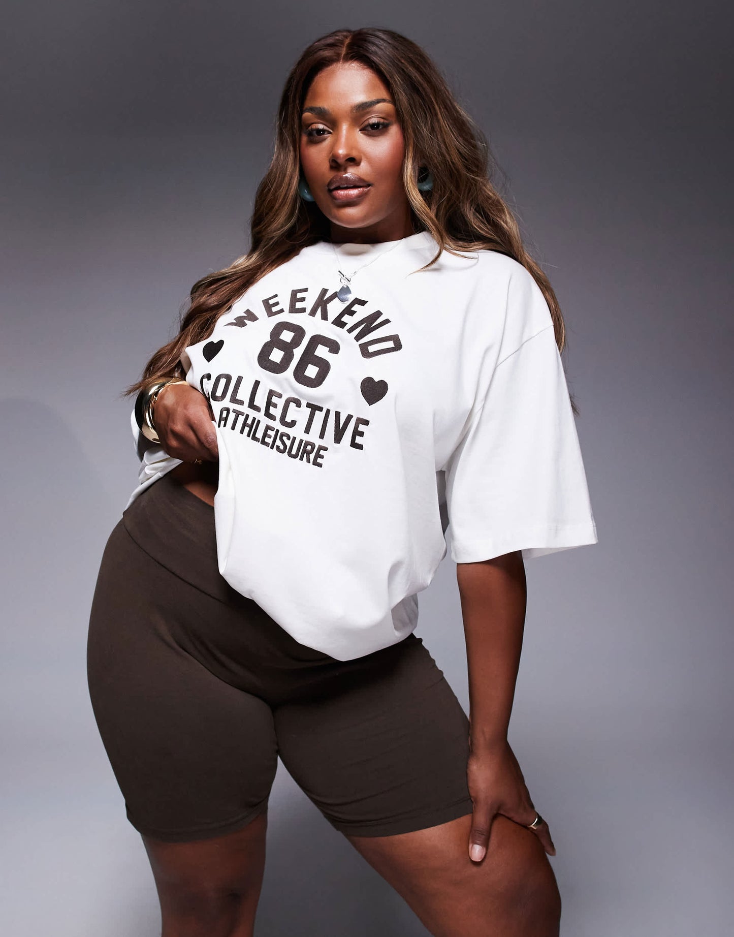 Weekend Collective Curve co-ord legging short with heart graphic in chocolate
