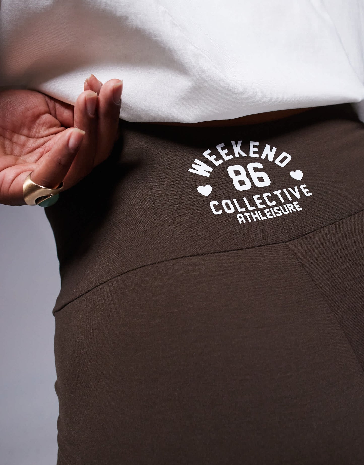 Weekend Collective Curve co-ord legging short with heart graphic in chocolate
