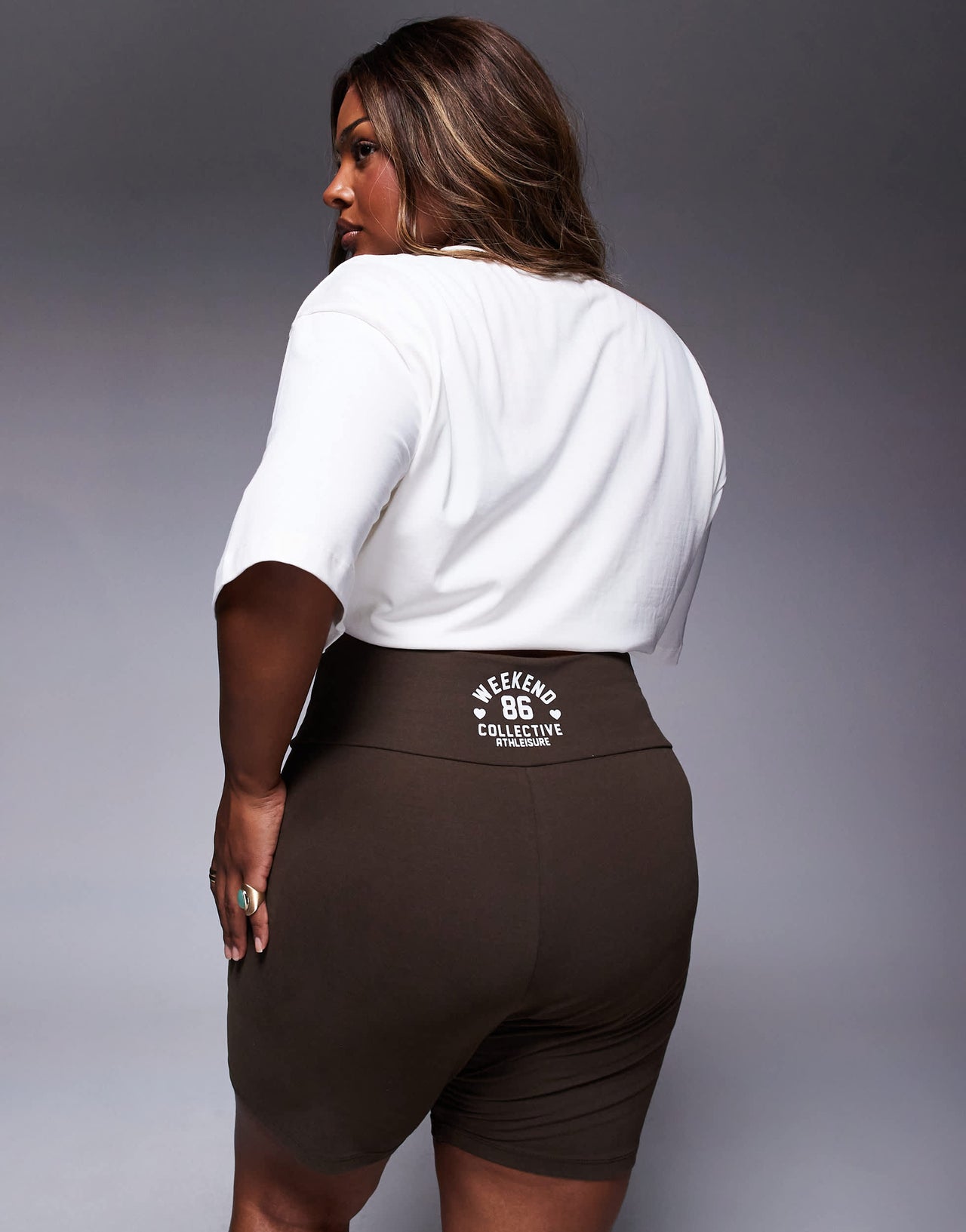 Weekend Collective Curve co-ord legging short with heart graphic in chocolate