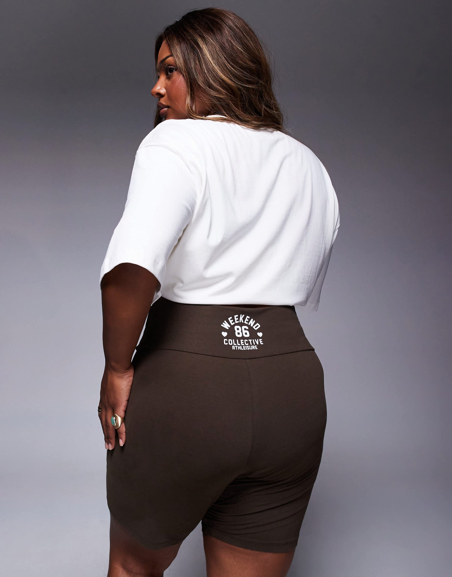 Weekend Collective Curve co-ord legging short with heart graphic in chocolate