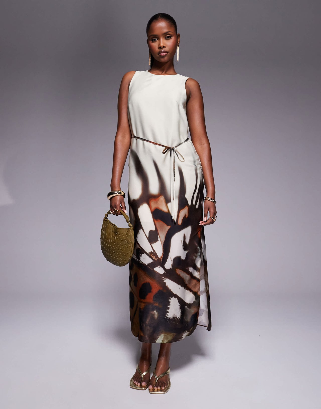 River Island racer neck floral print slip dress in cream