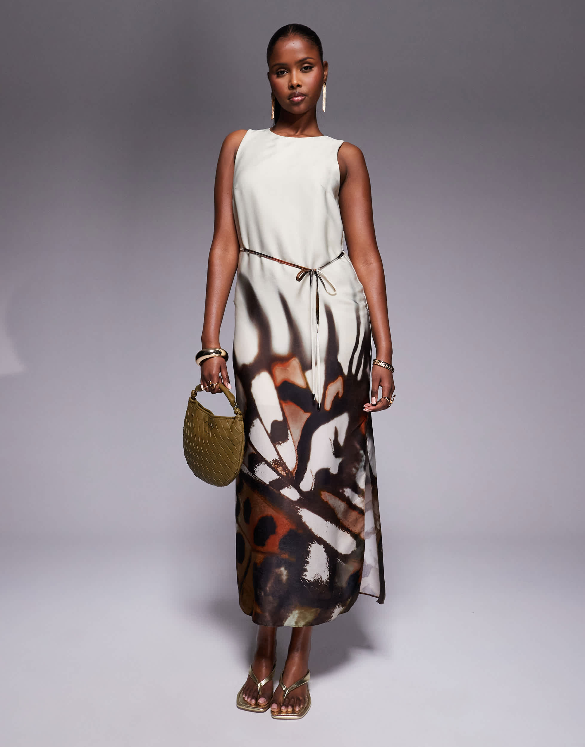 River Island racer neck floral print slip dress in cream