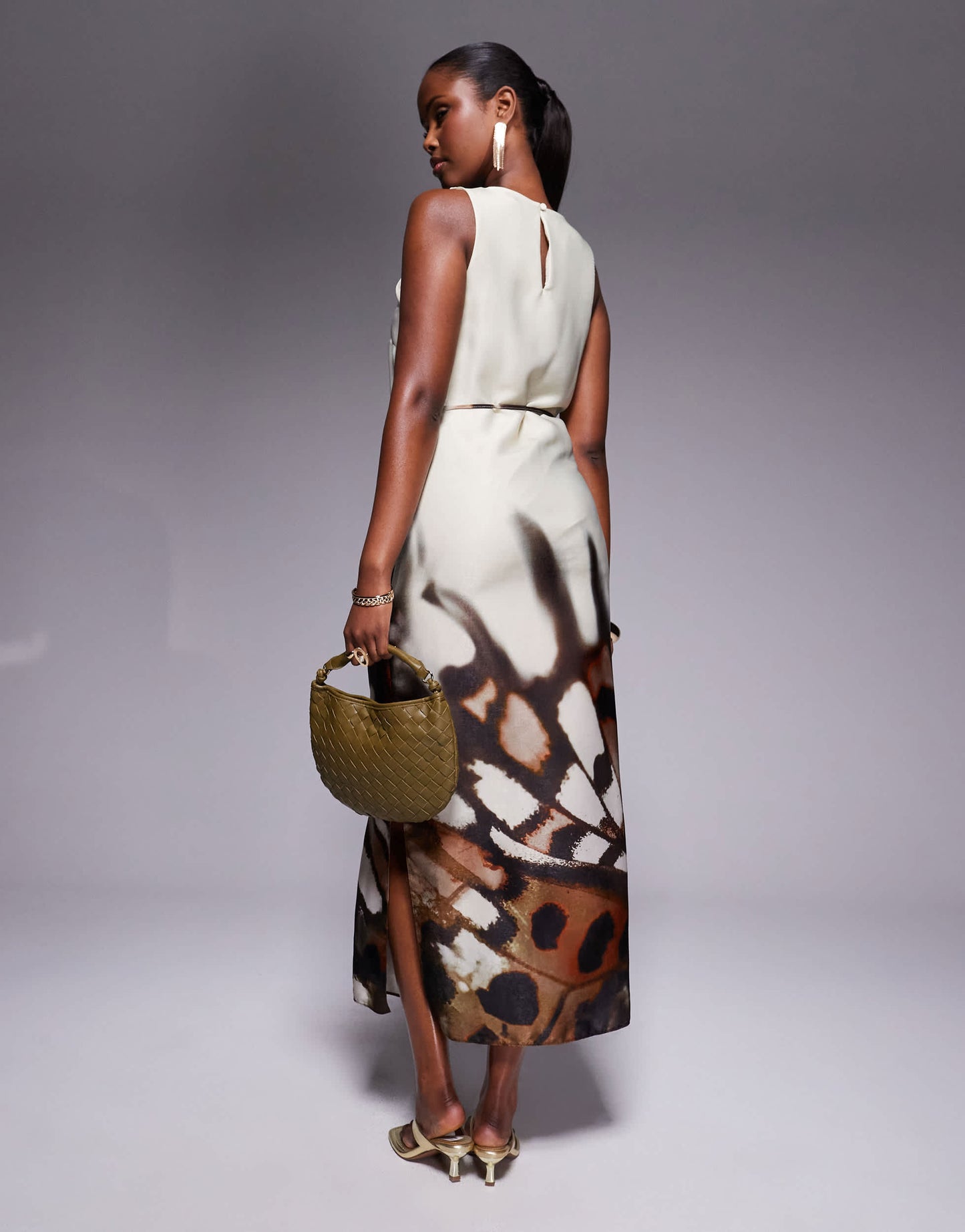 River Island racer neck floral print slip dress in cream