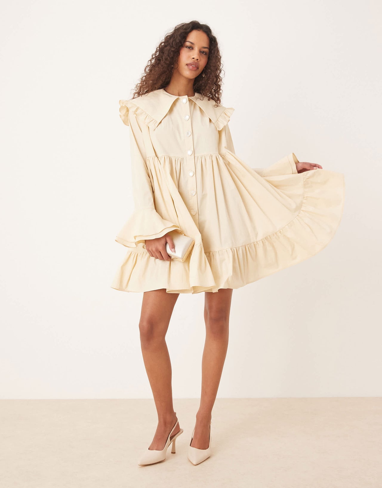 Sister Jane oversized collar frill mini dress with heart button detail in lemon
