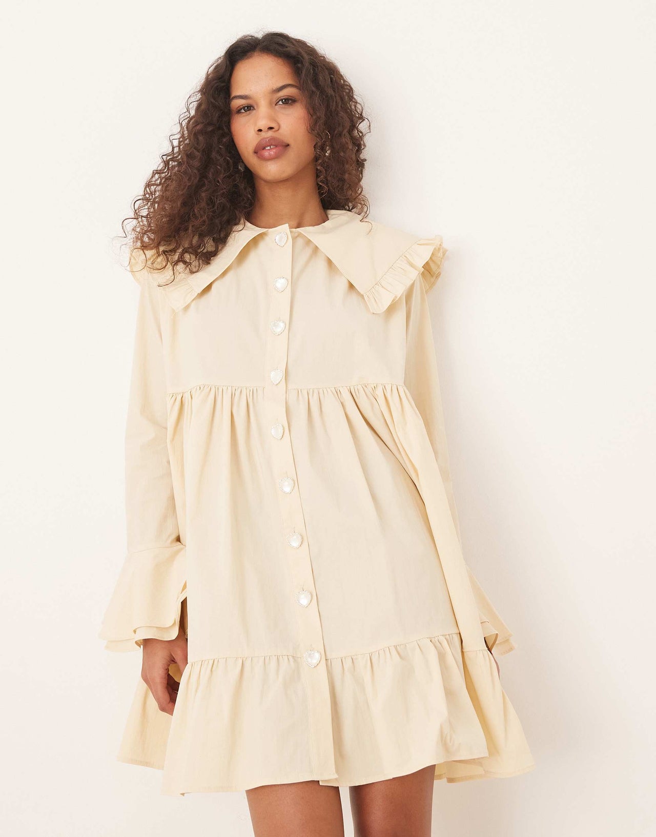 Sister Jane oversized collar frill mini dress with heart button detail in lemon
