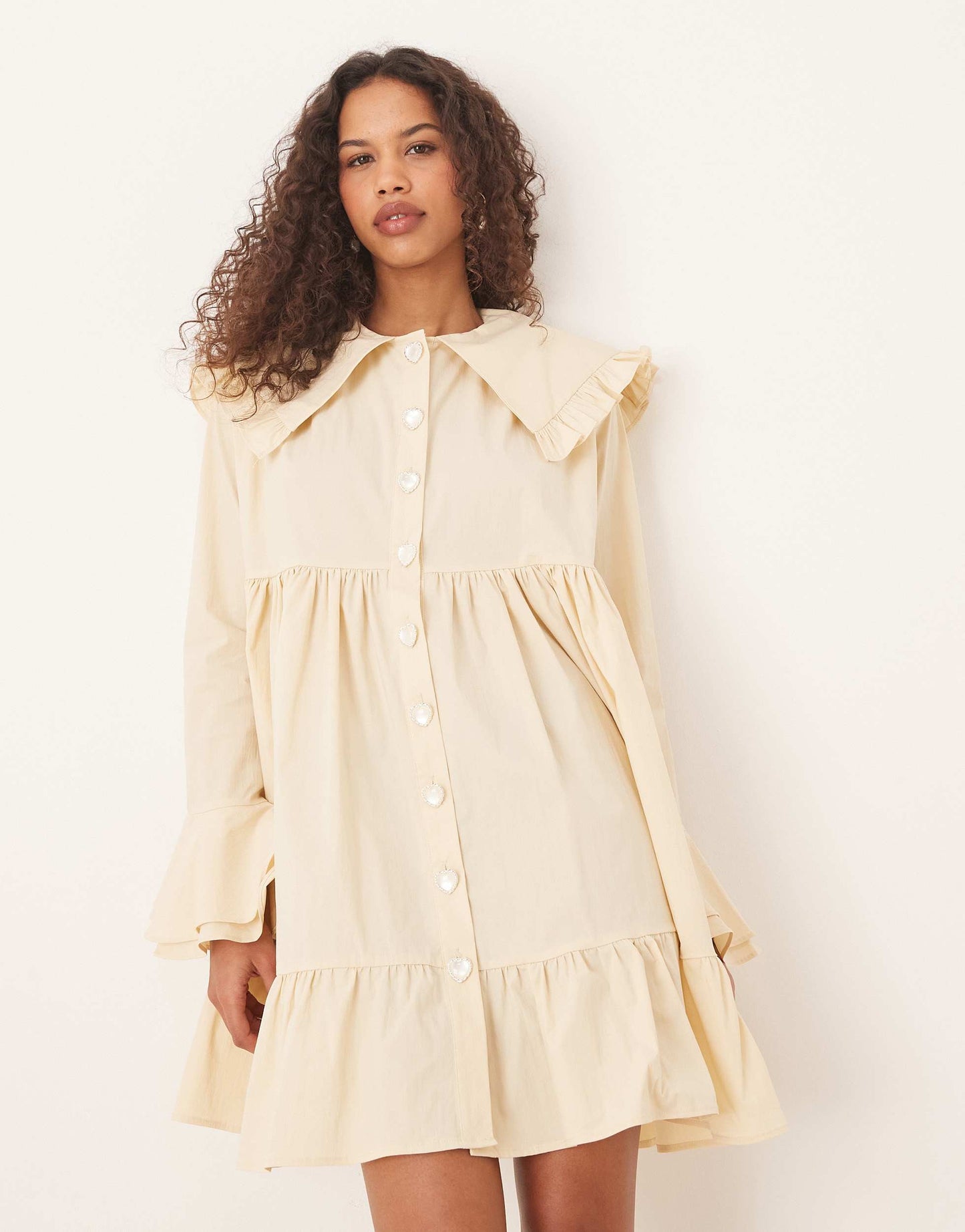 Sister Jane oversized collar frill mini dress with heart button detail in lemon