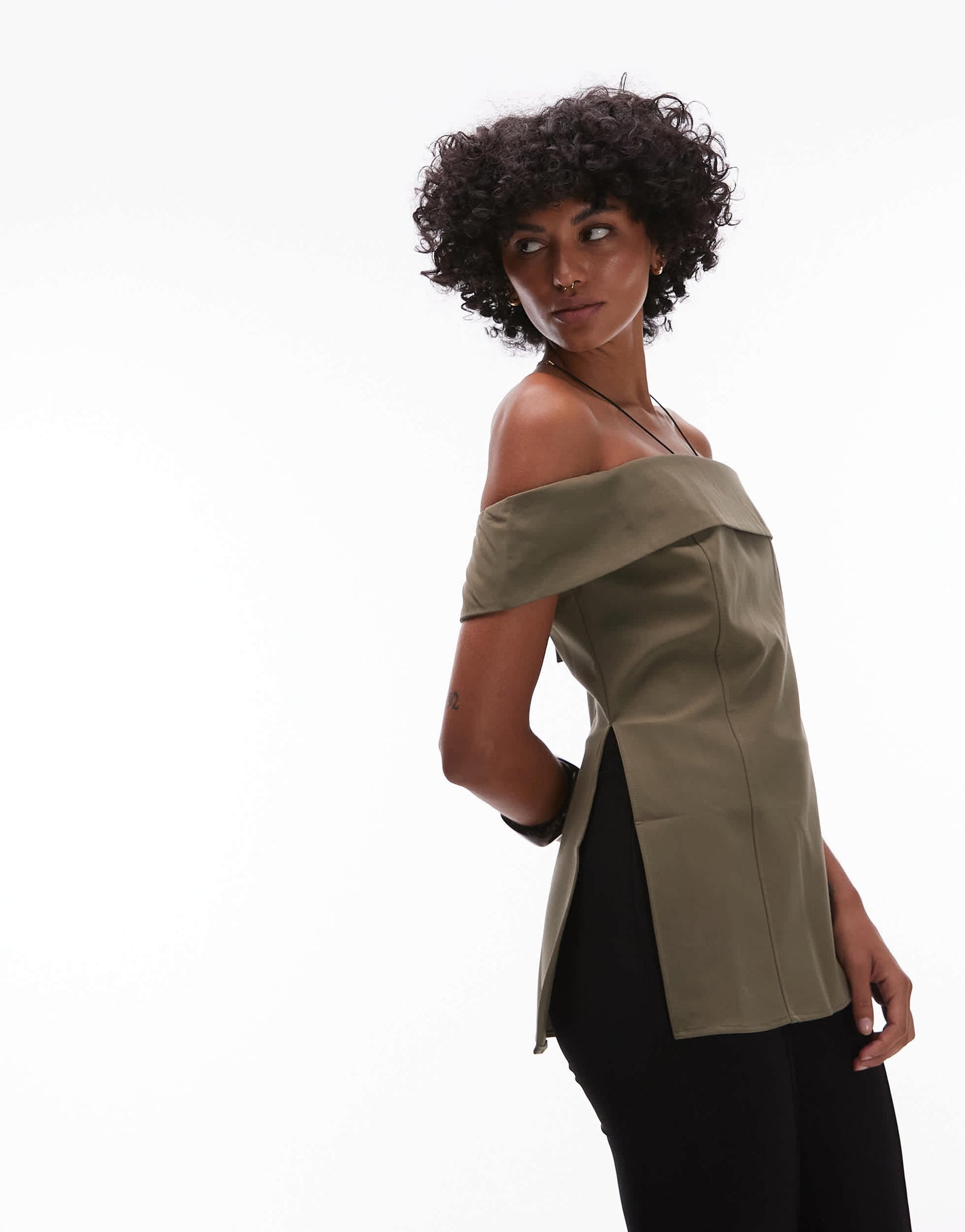 Mango structured longline bardot top in khaki