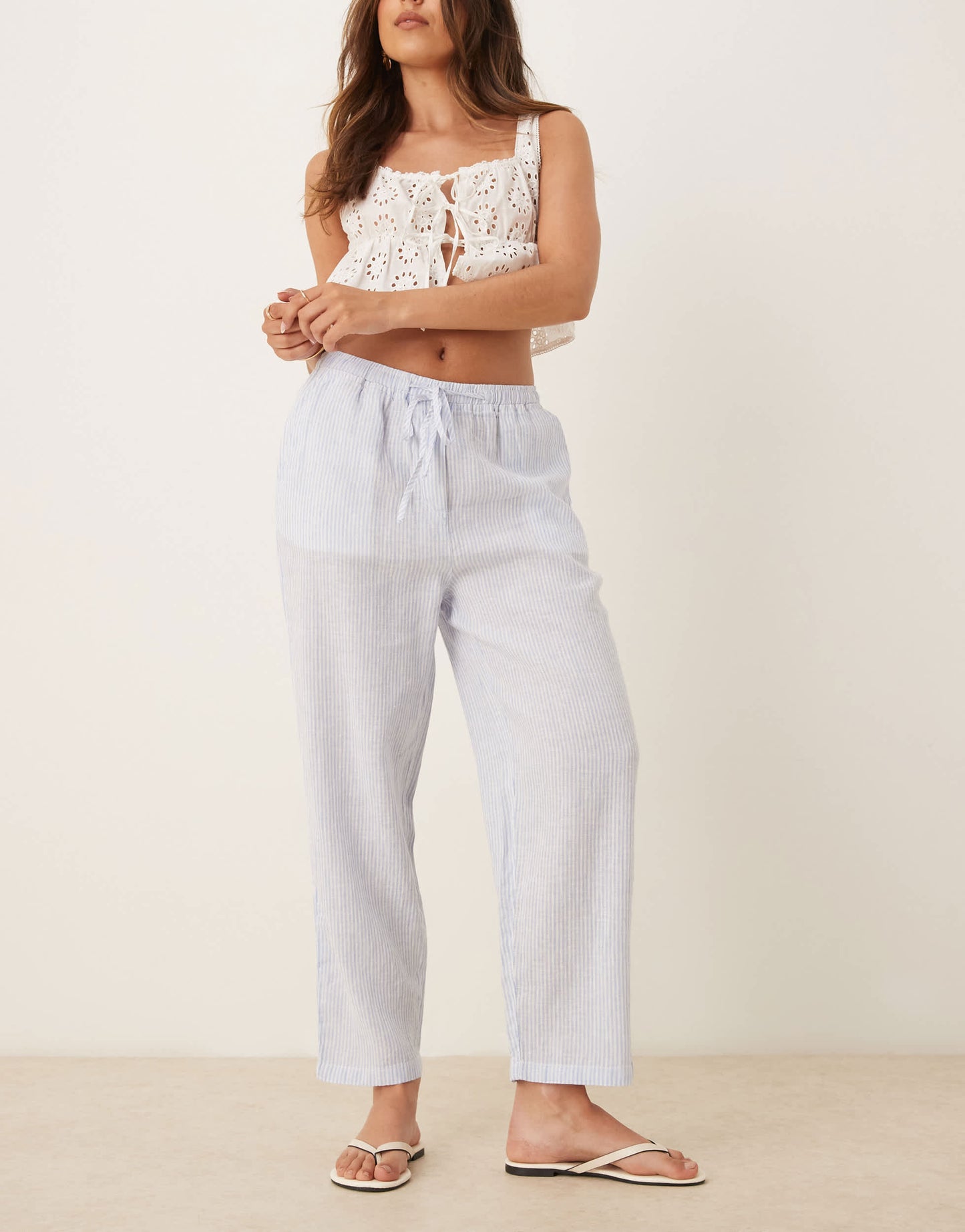 Mango tie waist linen trousers in blue