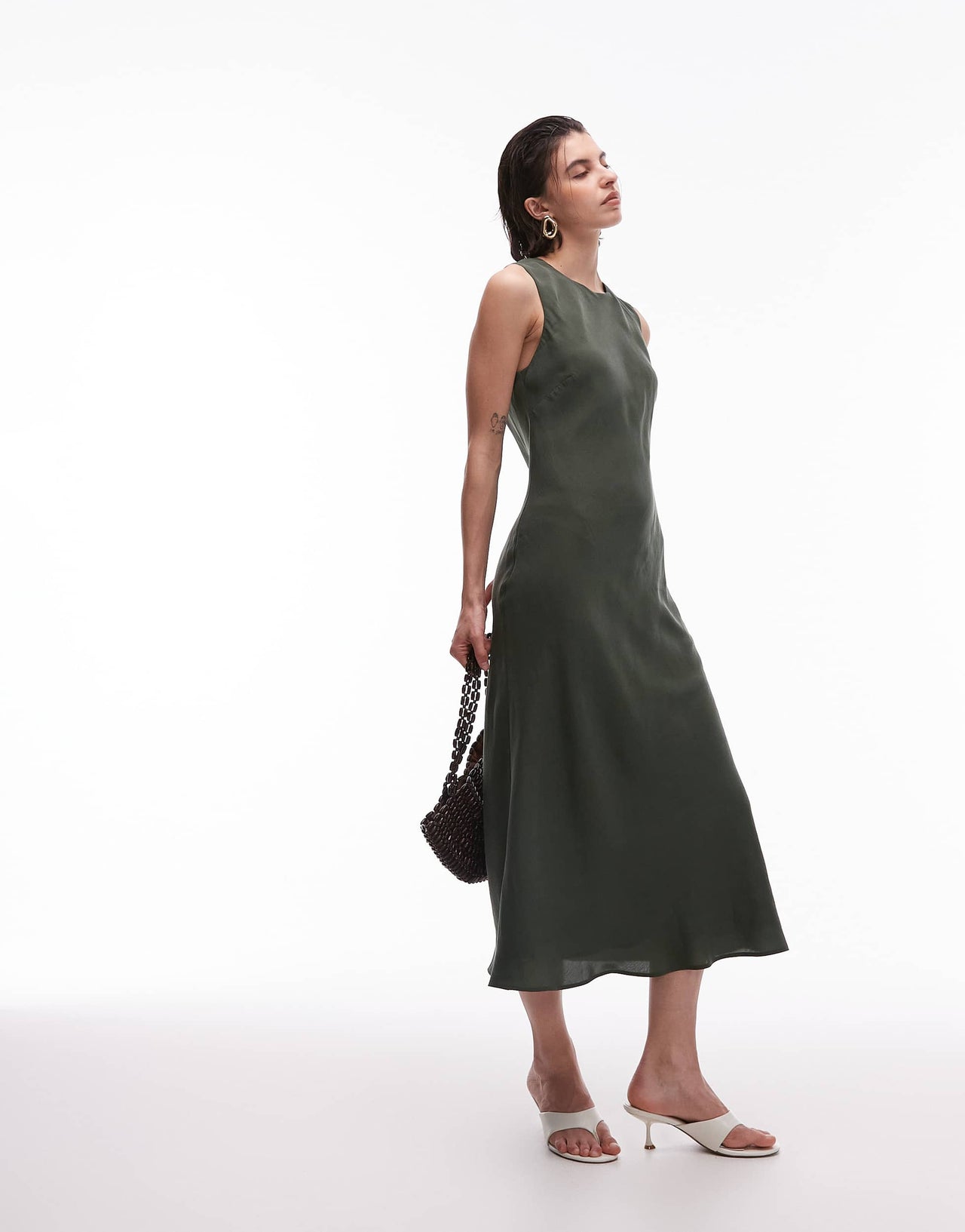 Mango satin midi dress in olive green