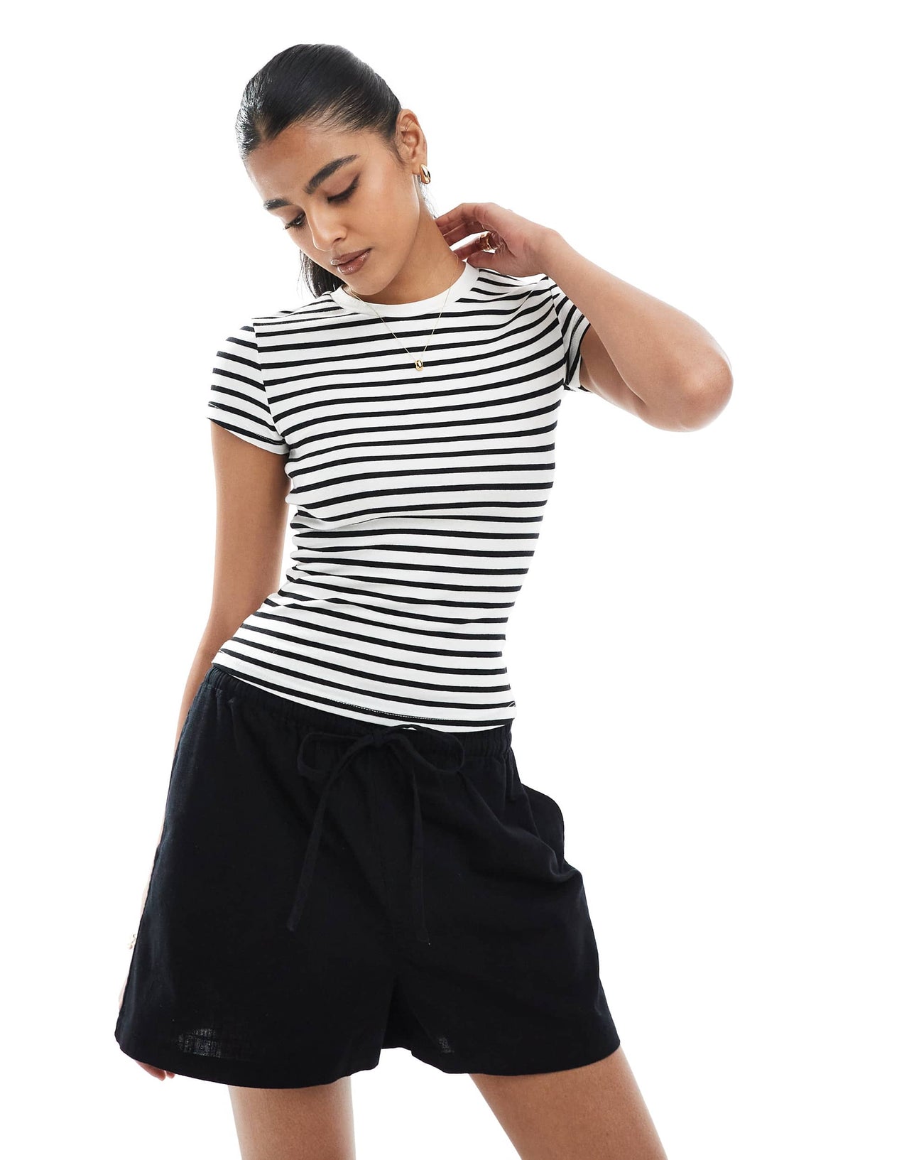 Bershka baby tee in navy and white stripe