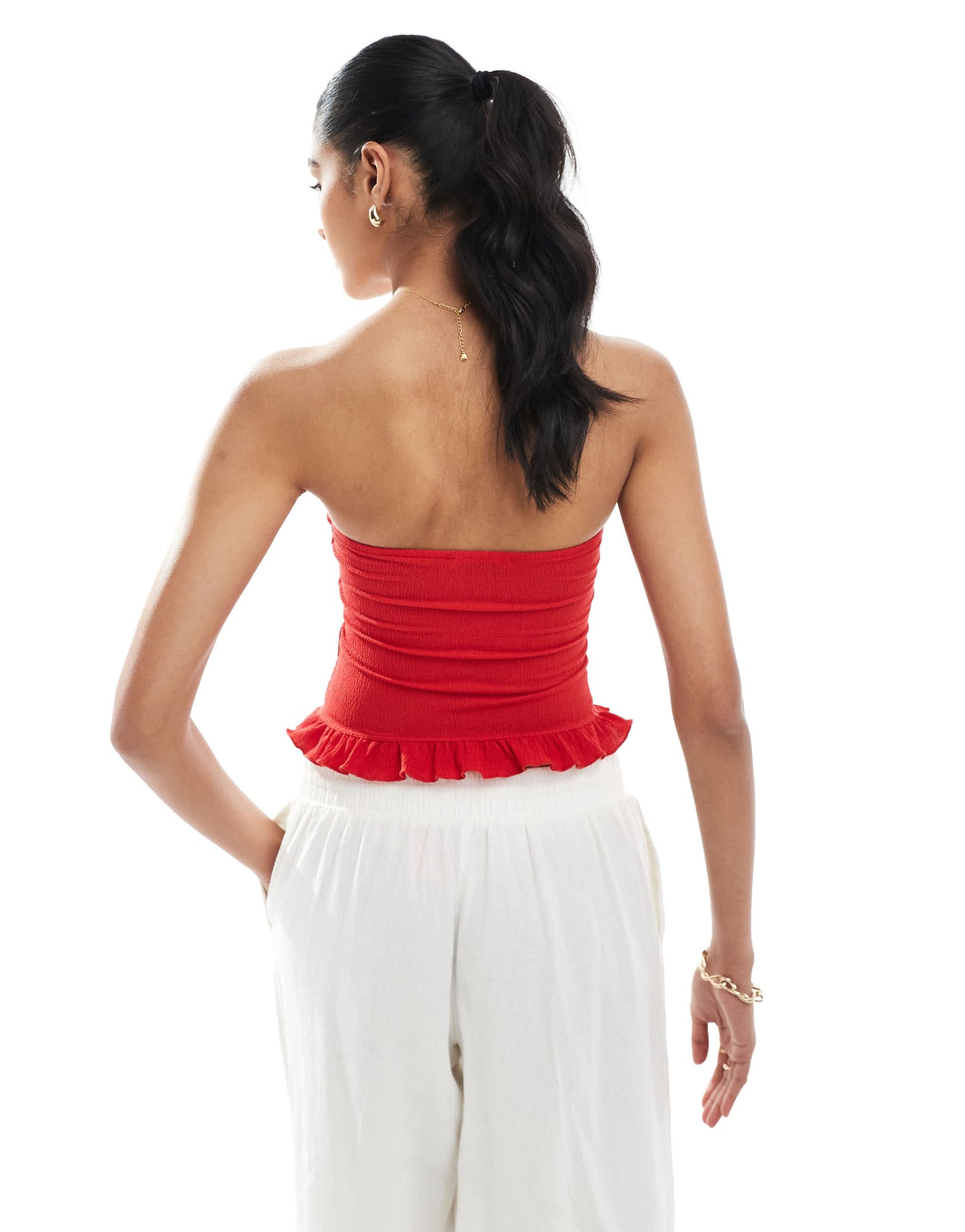 Bershka shirred frill hem bandeau in red