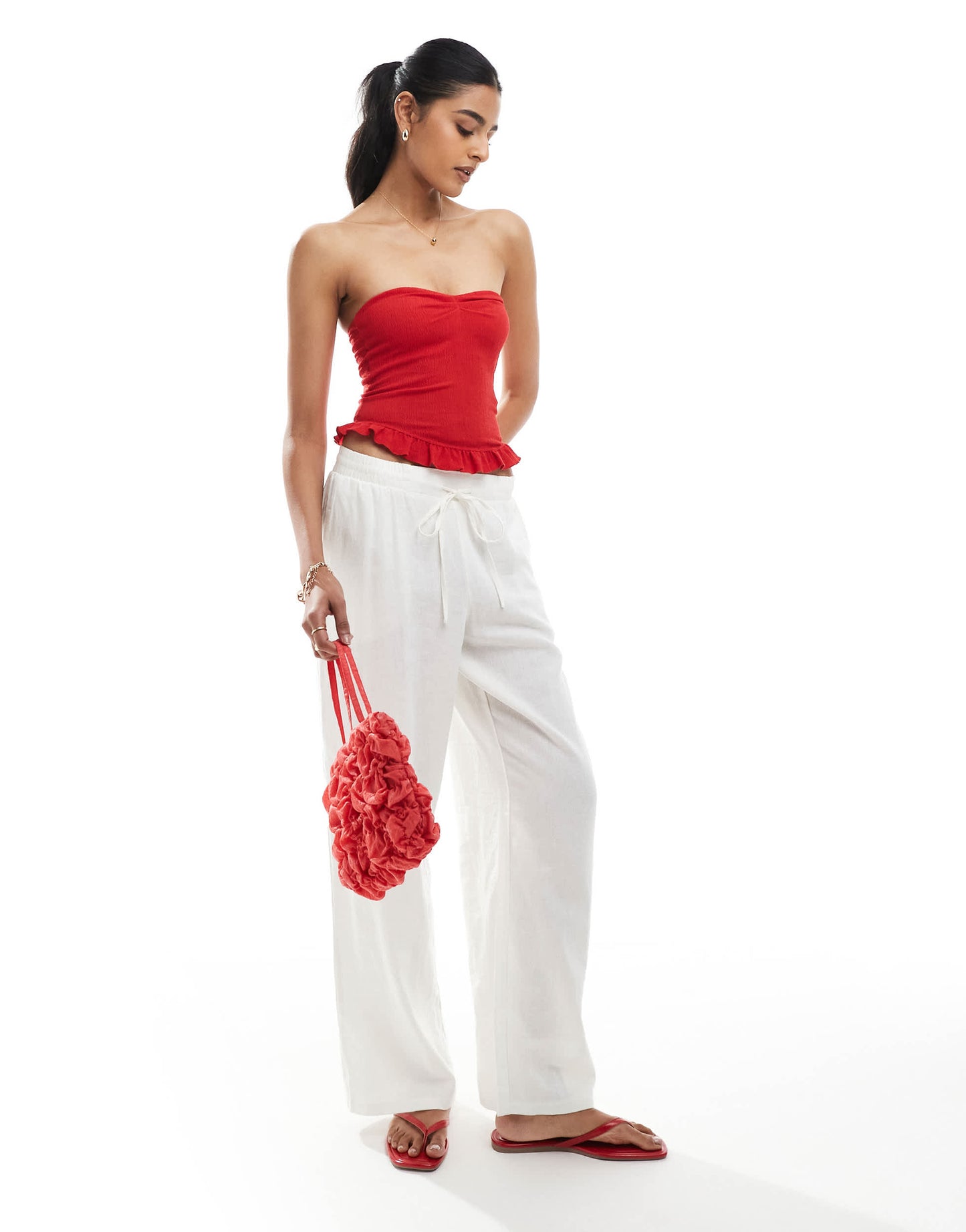 Bershka shirred frill hem bandeau in red