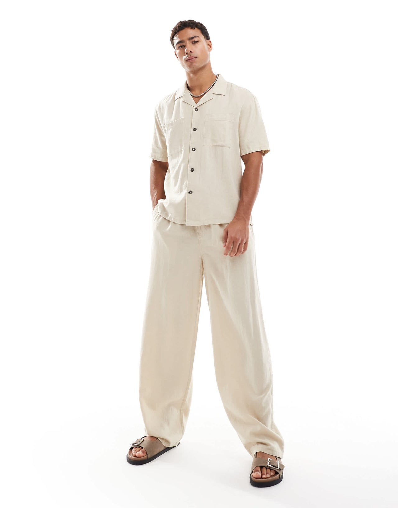 New Look double pocket boxy linen look shirt co-ord in stone