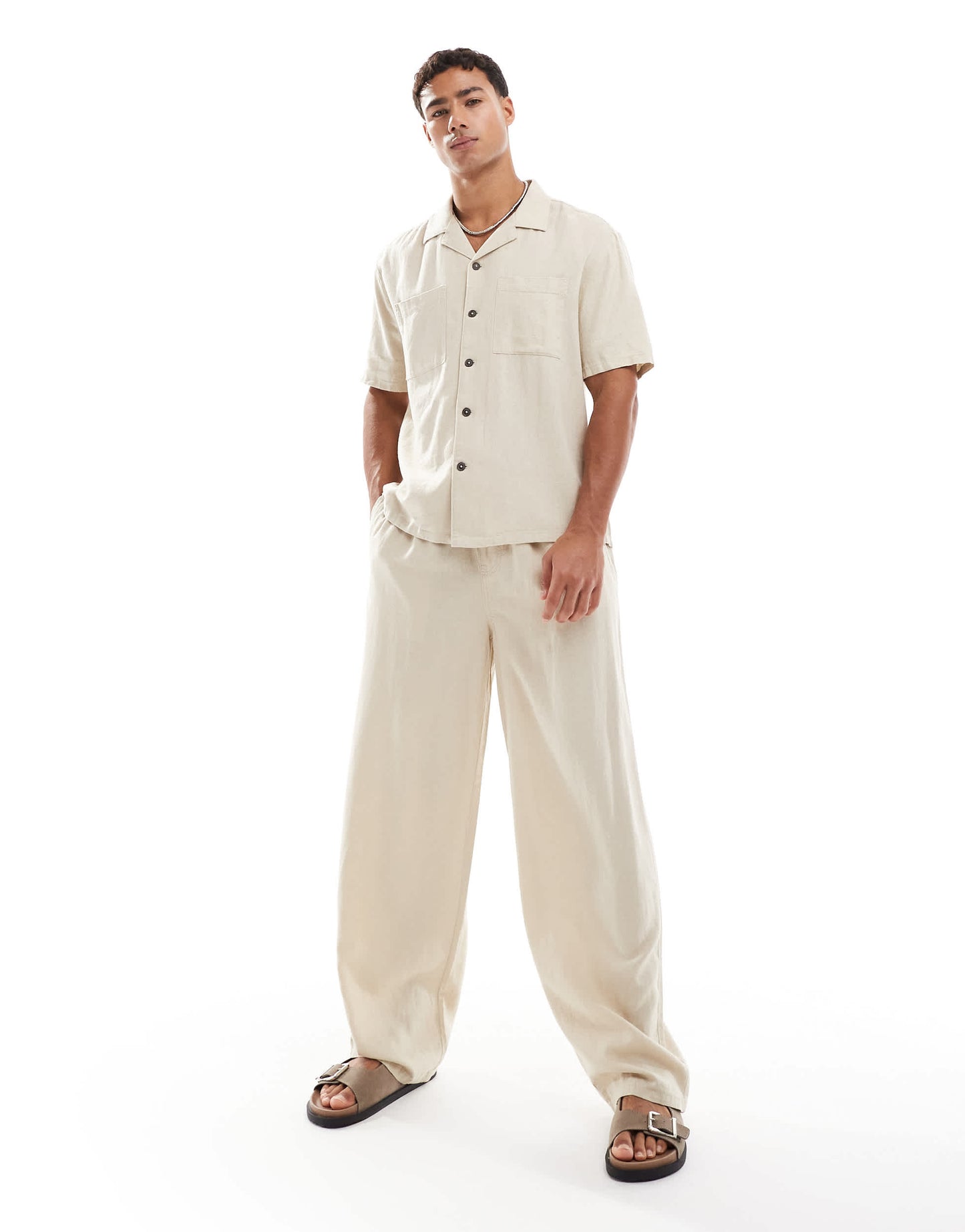 New Look double pocket boxy linen look shirt co-ord in stone