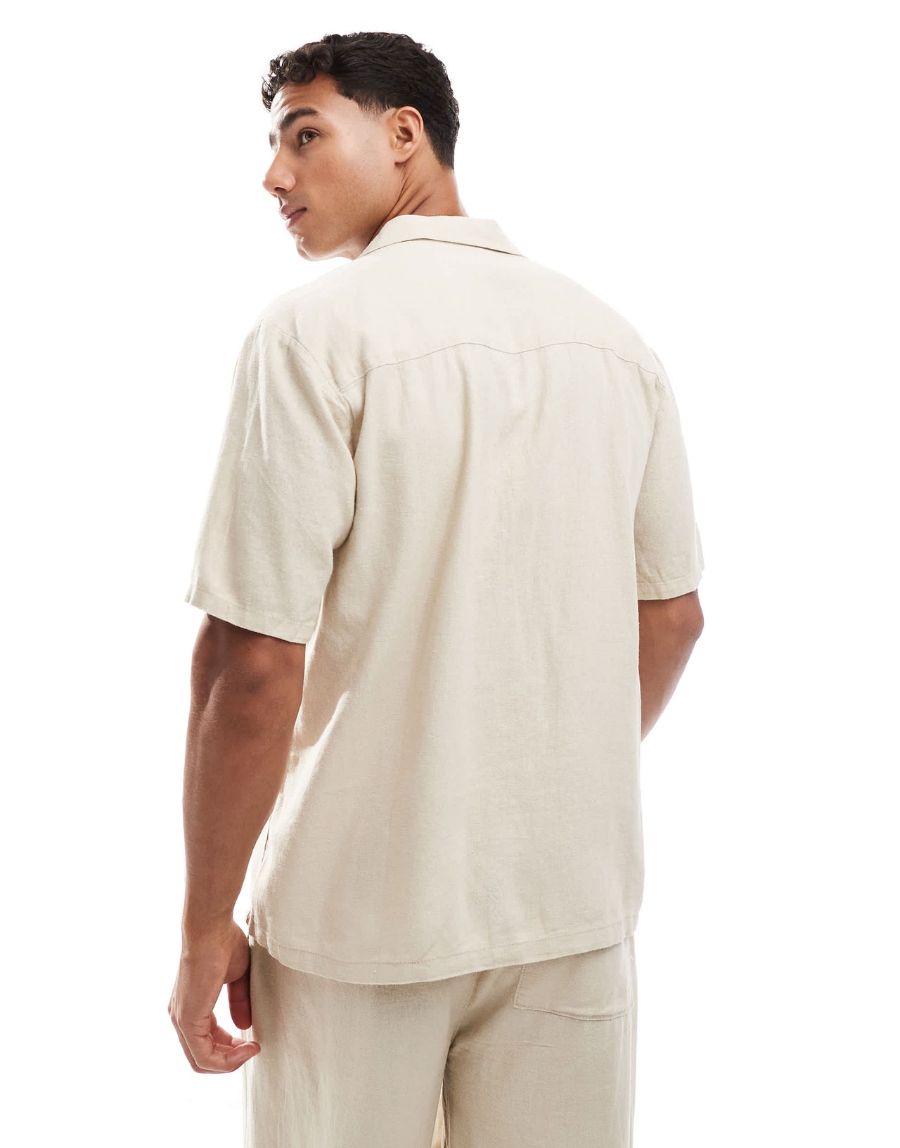 New Look double pocket boxy linen look shirt co-ord in stone