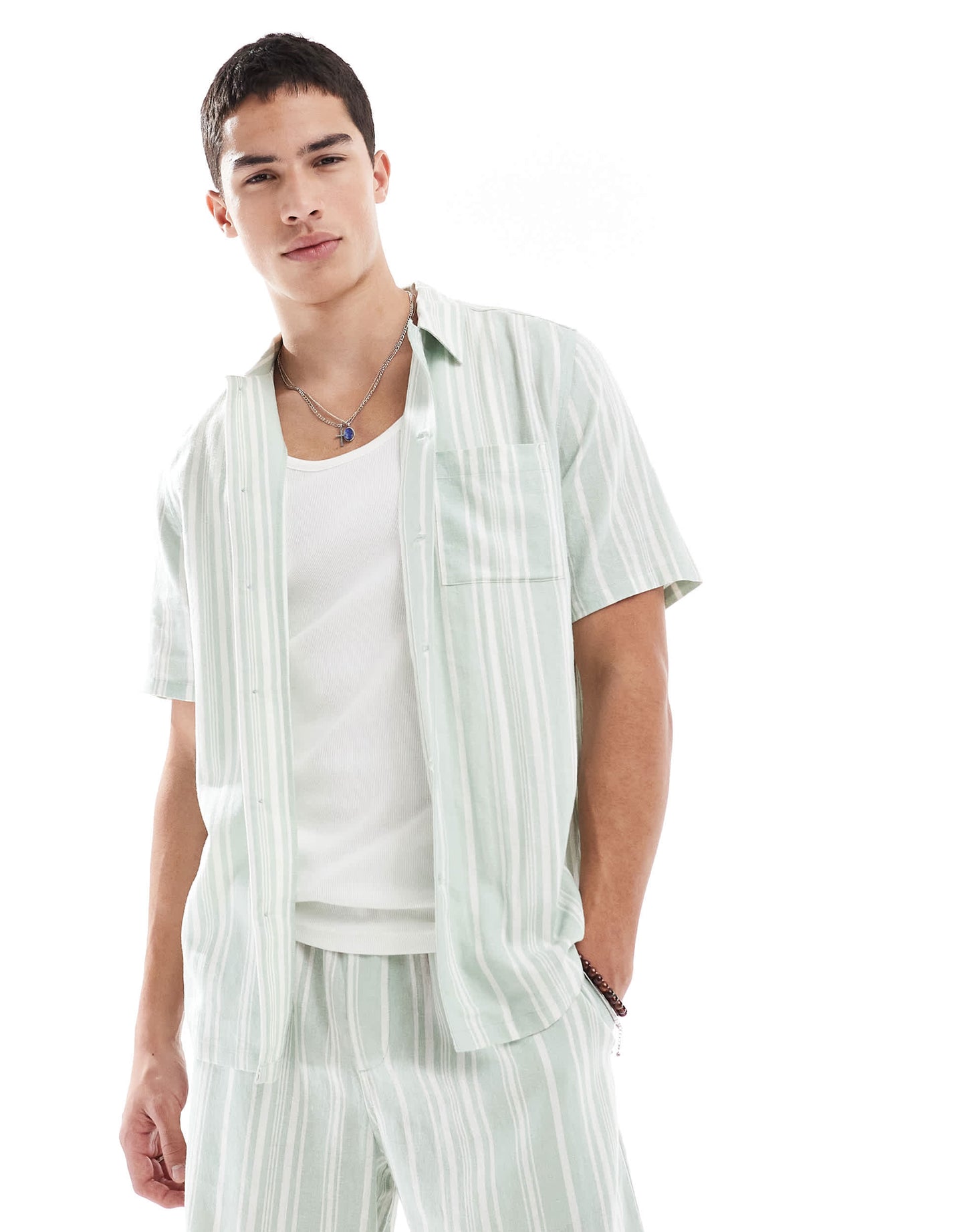 New Look linen blend stripe shirt co-ord in green